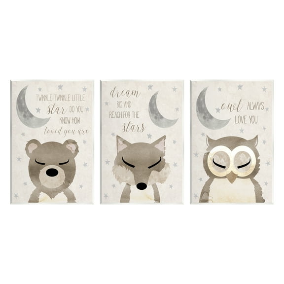 Stupell Industries Nighttime Animals & Lullabies Animals & Insects Painting Unframed Art Print Wall Art, 10 x 15, Set of 3