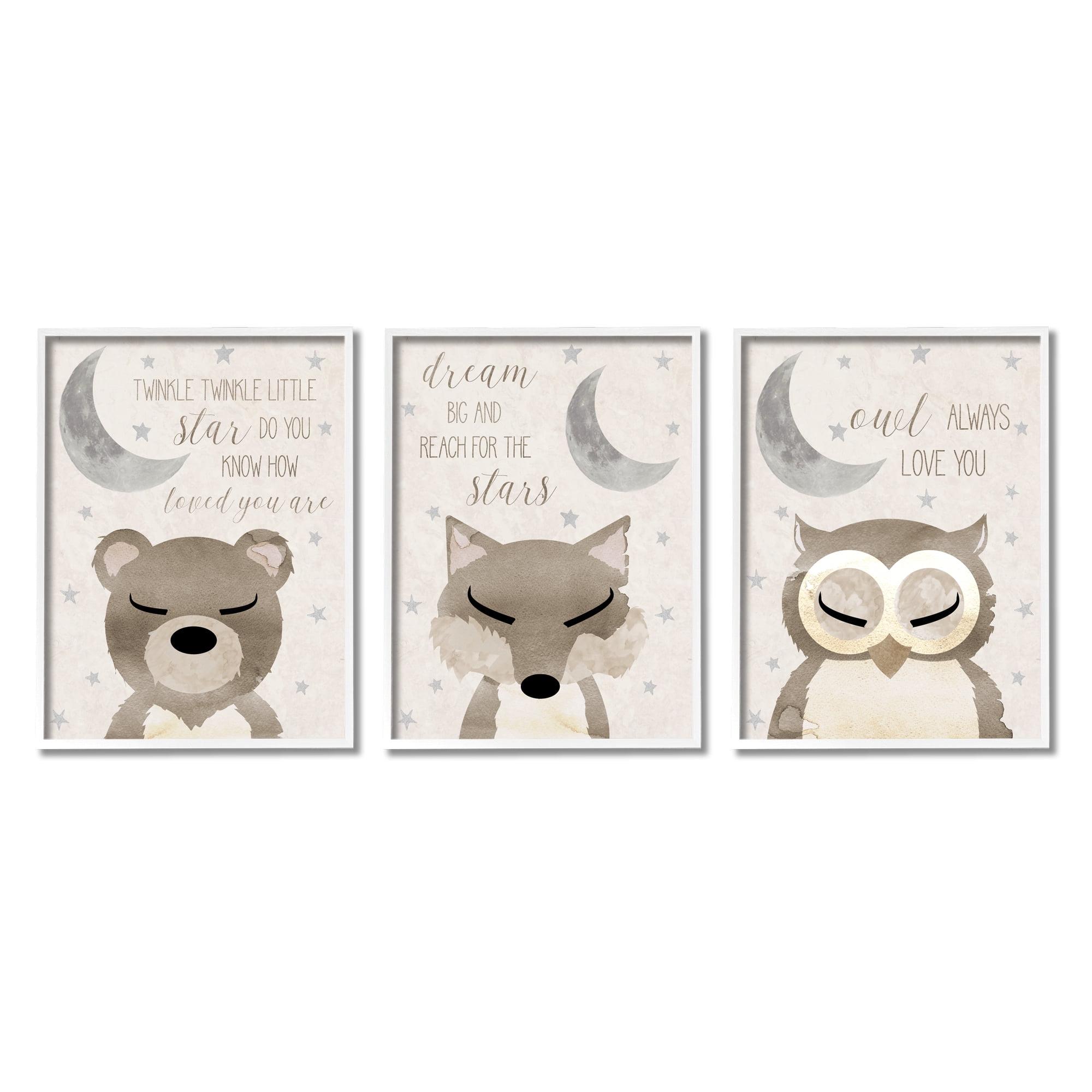 Stupell Industries Nighttime Animals & Lullabies Animals & Insects Painting White Framed Art Print Wall Art, 11 x 14, Set of 3