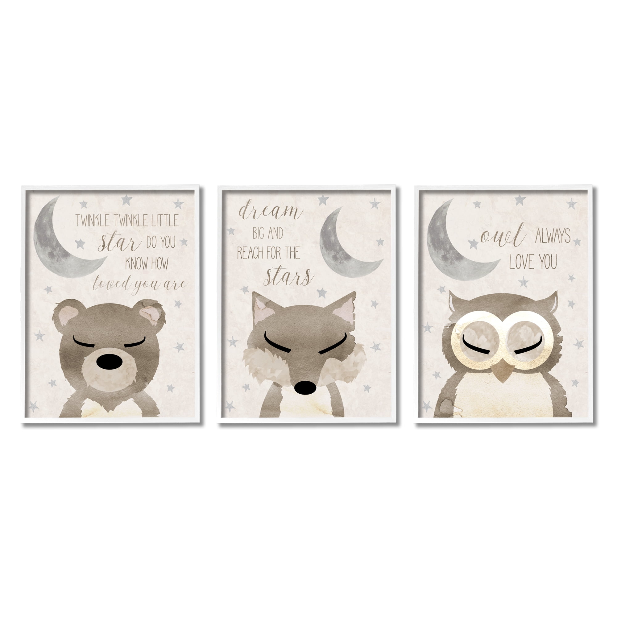 Stupell Industries Nighttime Animals & Lullabies Animals & Insects Painting White Framed Art Print Wall Art, 24 x 30, Set of 3