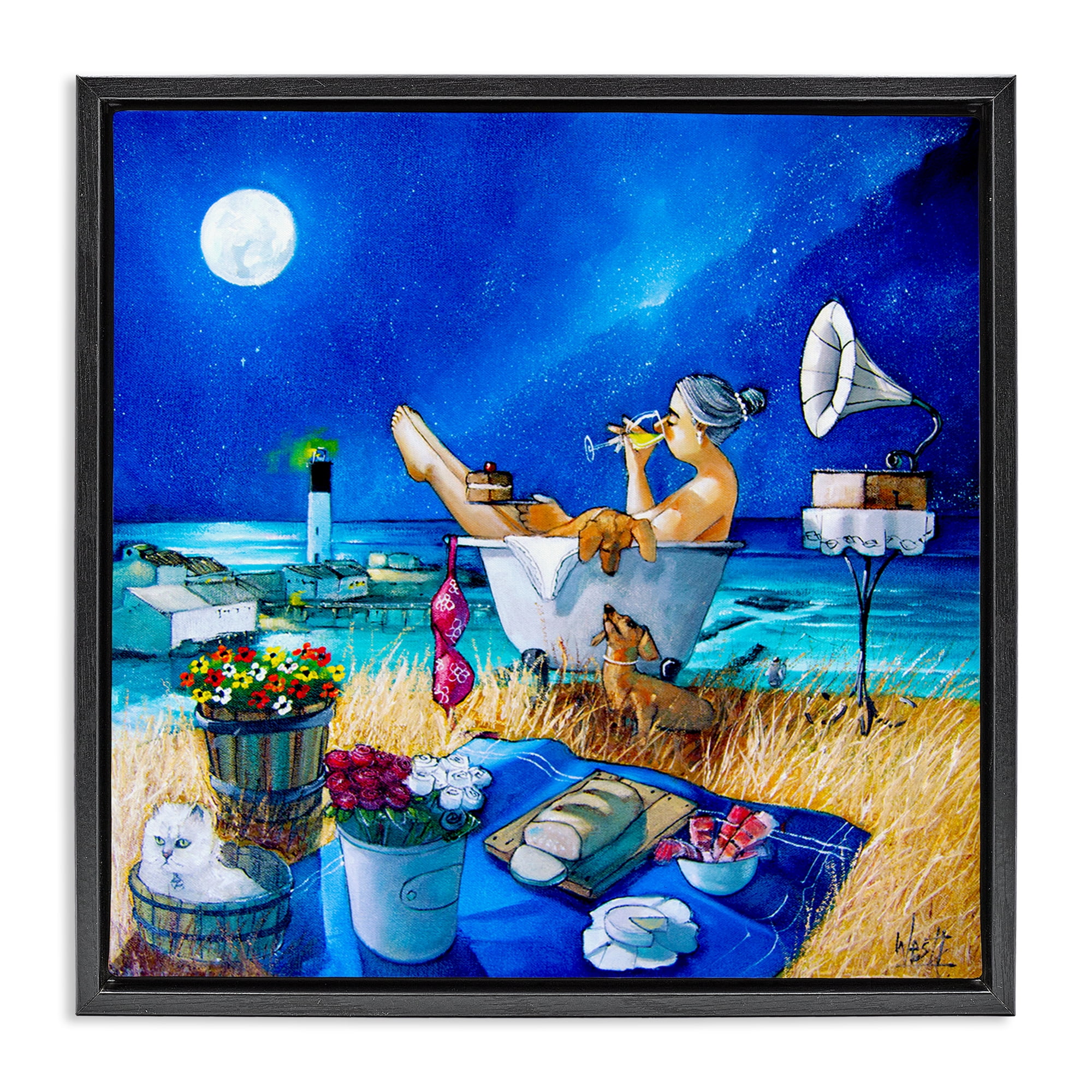 Stupell Industries Nighttime Bath by Sea Food & Beverage Painting Black Floater Framed Canvas Art Print Wall Art, 25 x 25