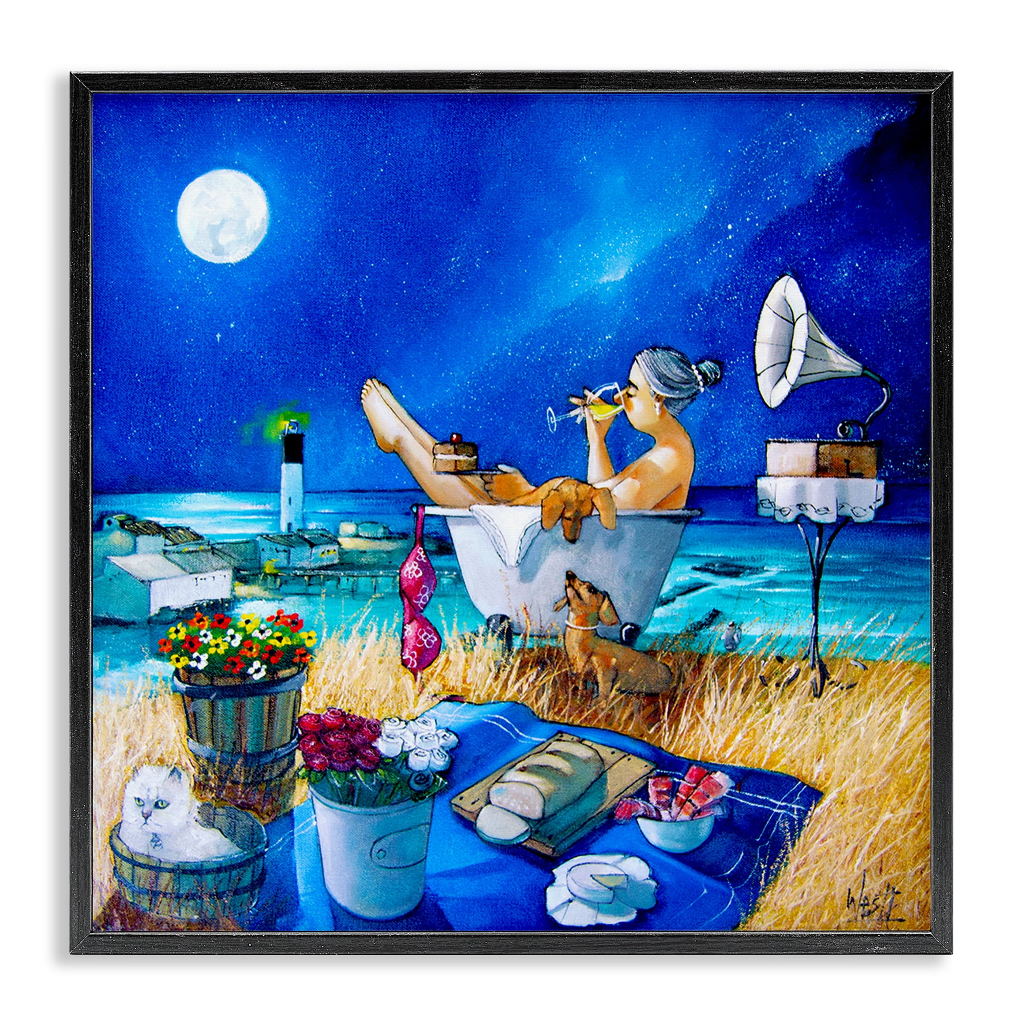 Stupell Industries Nighttime Bath by Sea Food & Beverage Painting Black Framed Art Print Wall Art, 17 x 17