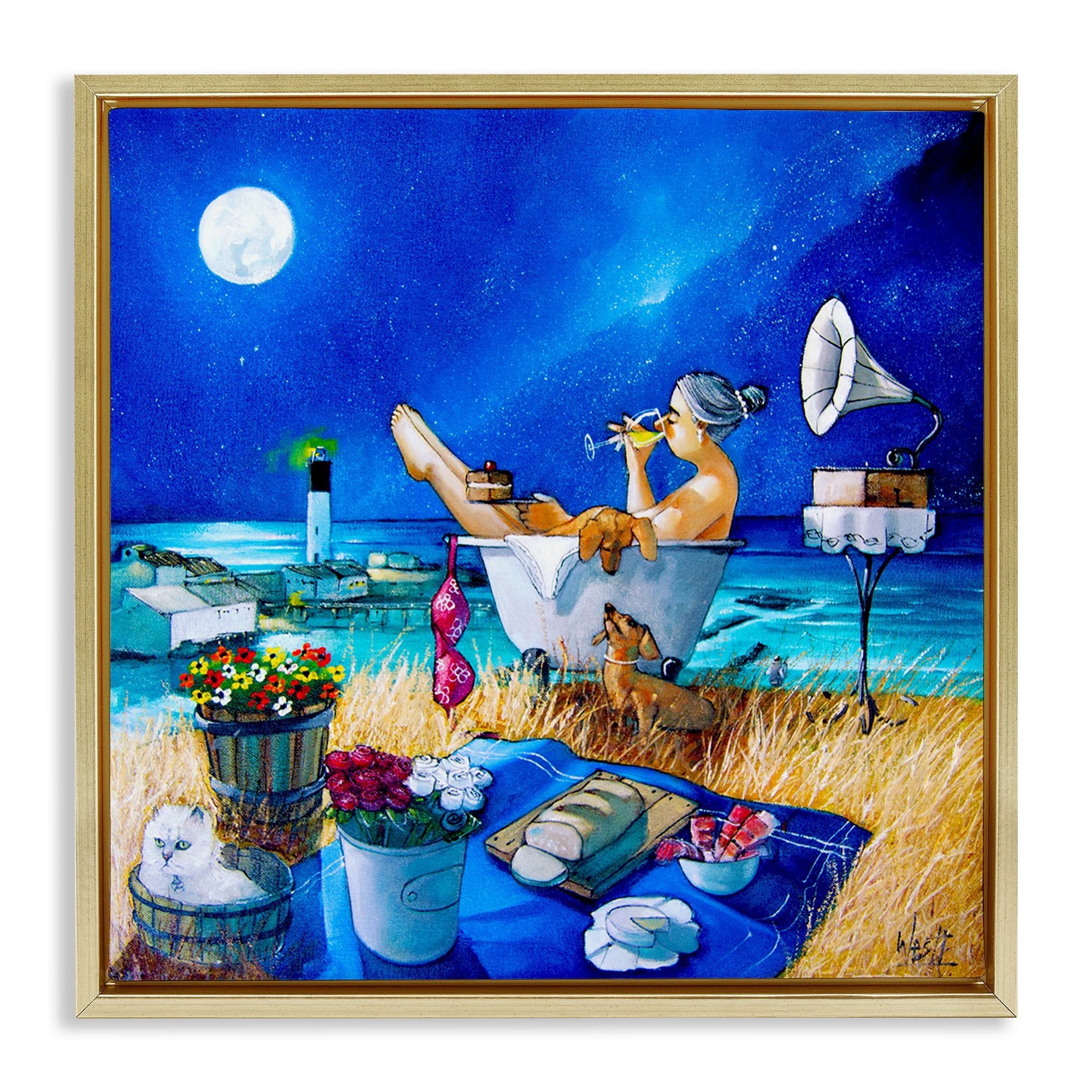 Stupell Industries Nighttime Bath by Sea Food & Beverage Painting Gold Floater Framed Canvas Art Print Wall Art, 25 x 25