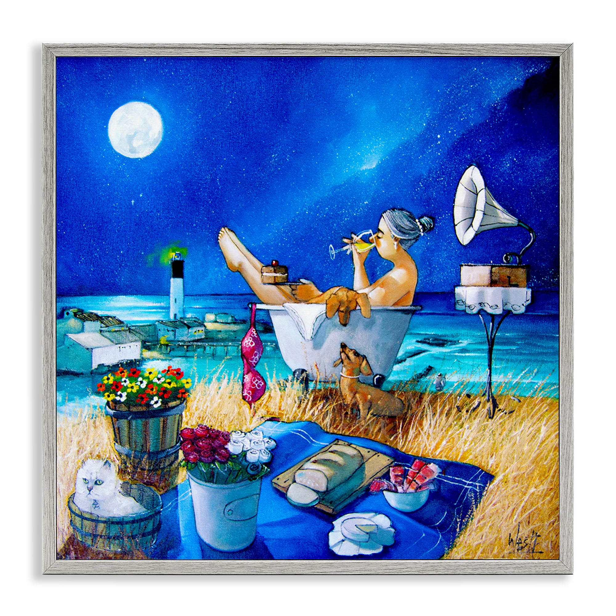 Stupell Industries Nighttime Bath by Sea Food & Beverage Painting Gray Framed Art Print Wall Art, 17 x 17