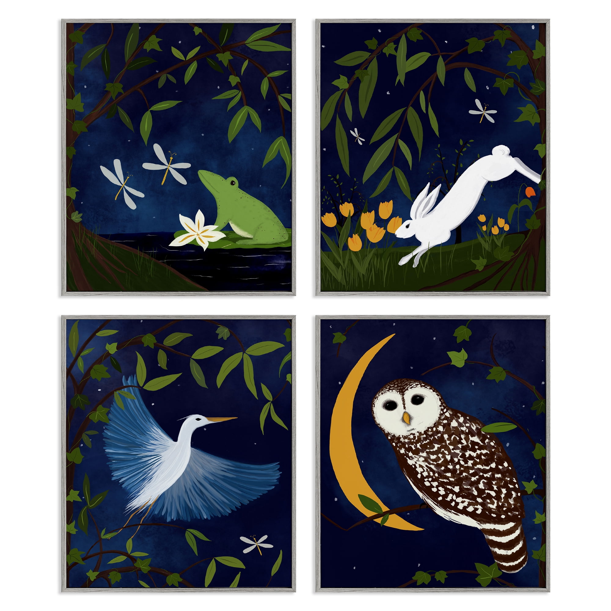Stupell Industries Nighttime Pond Animals Animals Painting Gray Framed Art Print Wall Art, 11 x 14, Set of 4