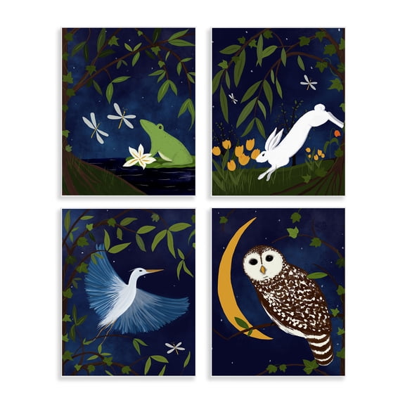 Stupell Industries Nighttime Pond Animals Animals Painting Unframed Art Print Wall Art, 11 x 14, Set of 4