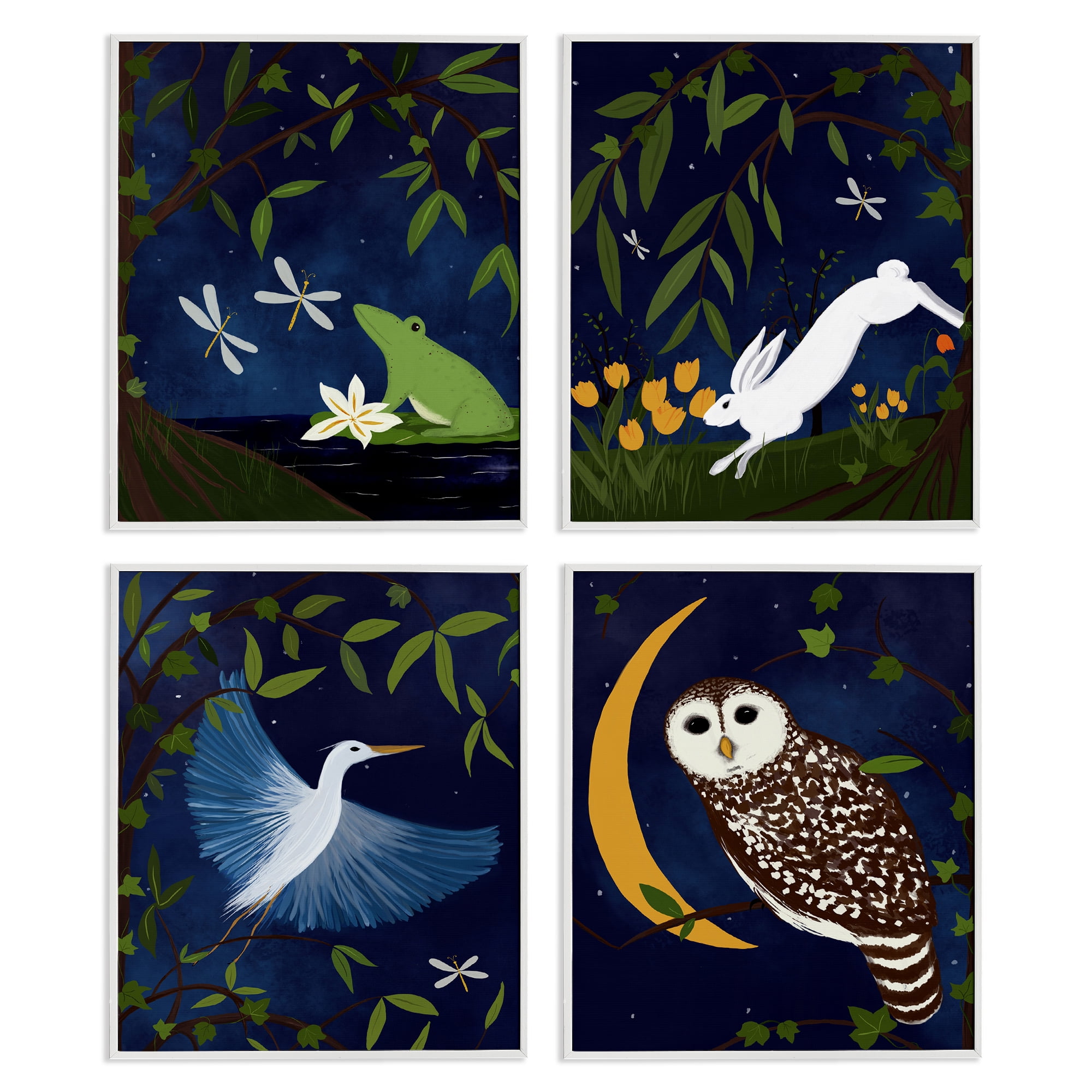Stupell Industries Nighttime Pond Animals Animals Painting White Framed Art Print Wall Art, 11 x 14, Set of 4