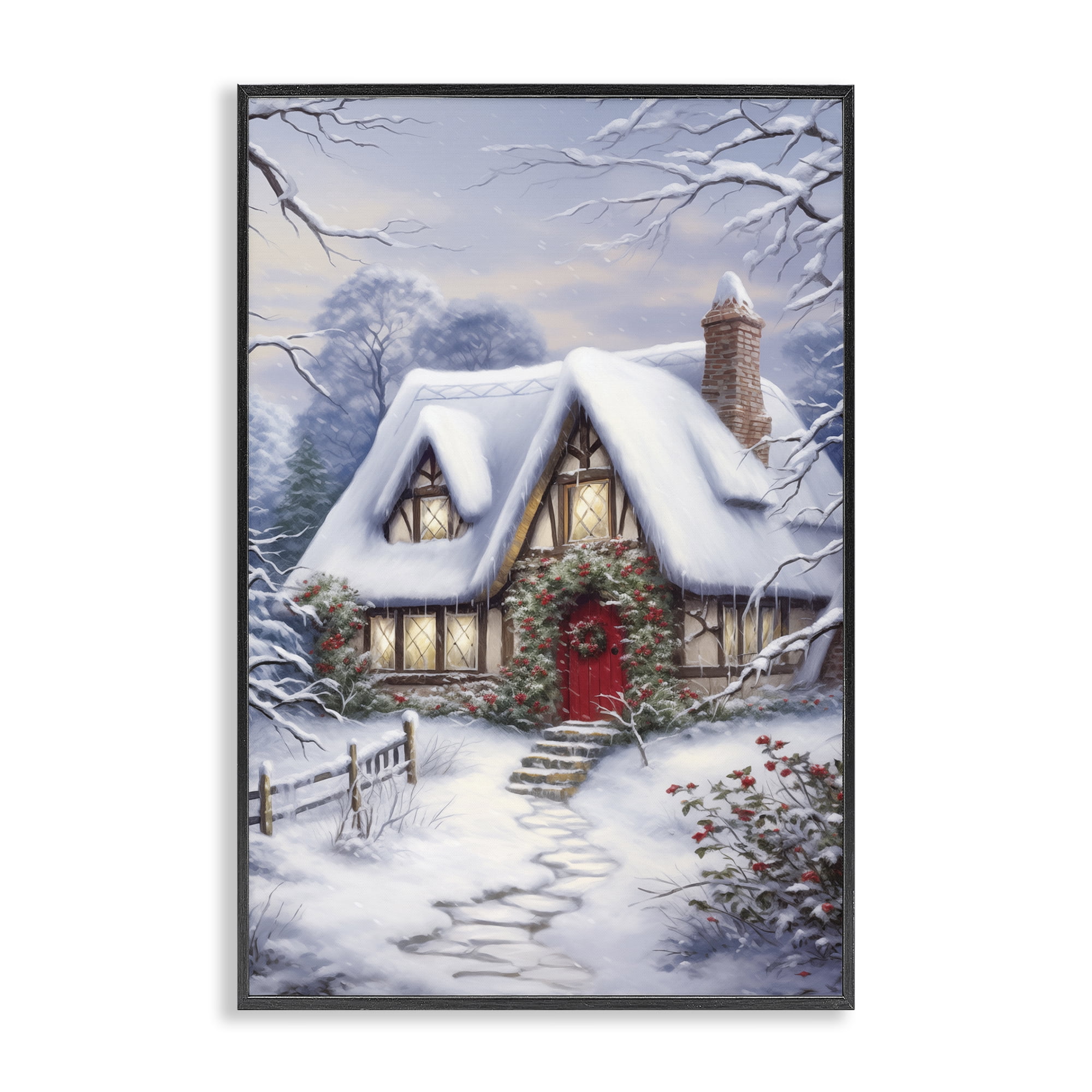 Stupell Industries Niveous Winter Cottage Holiday Painting Black Framed Art Print Wall Art, 20 x 30