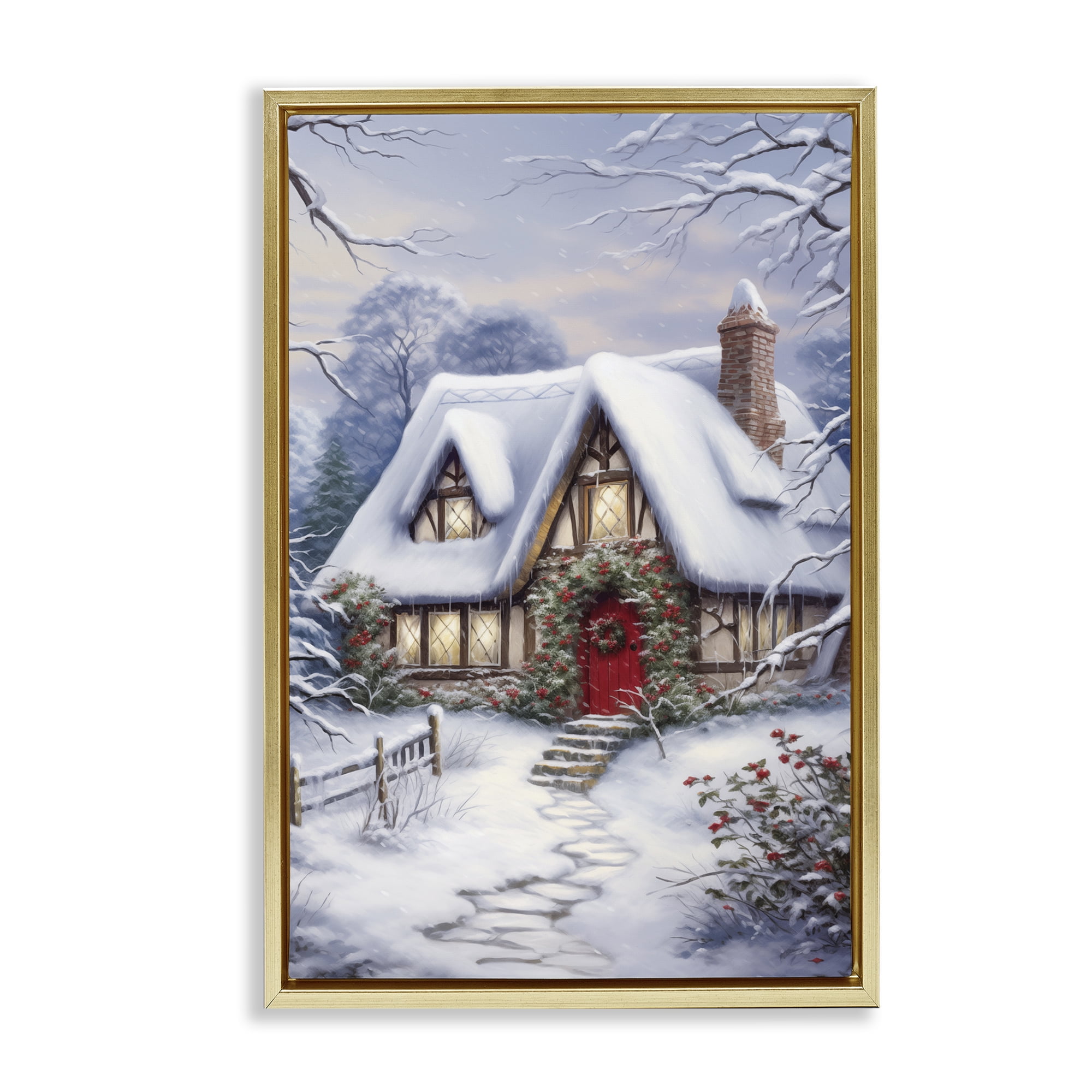 Stupell Industries Niveous Winter Cottage Holiday Painting Gold Floater Framed Canvas Art Print Wall Art, 21 x 31