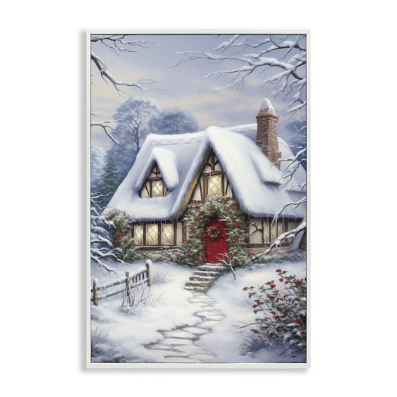 Stupell Industries Niveous Winter Cottage Holiday Painting White Framed Art Print Wall Art, 12 x 18