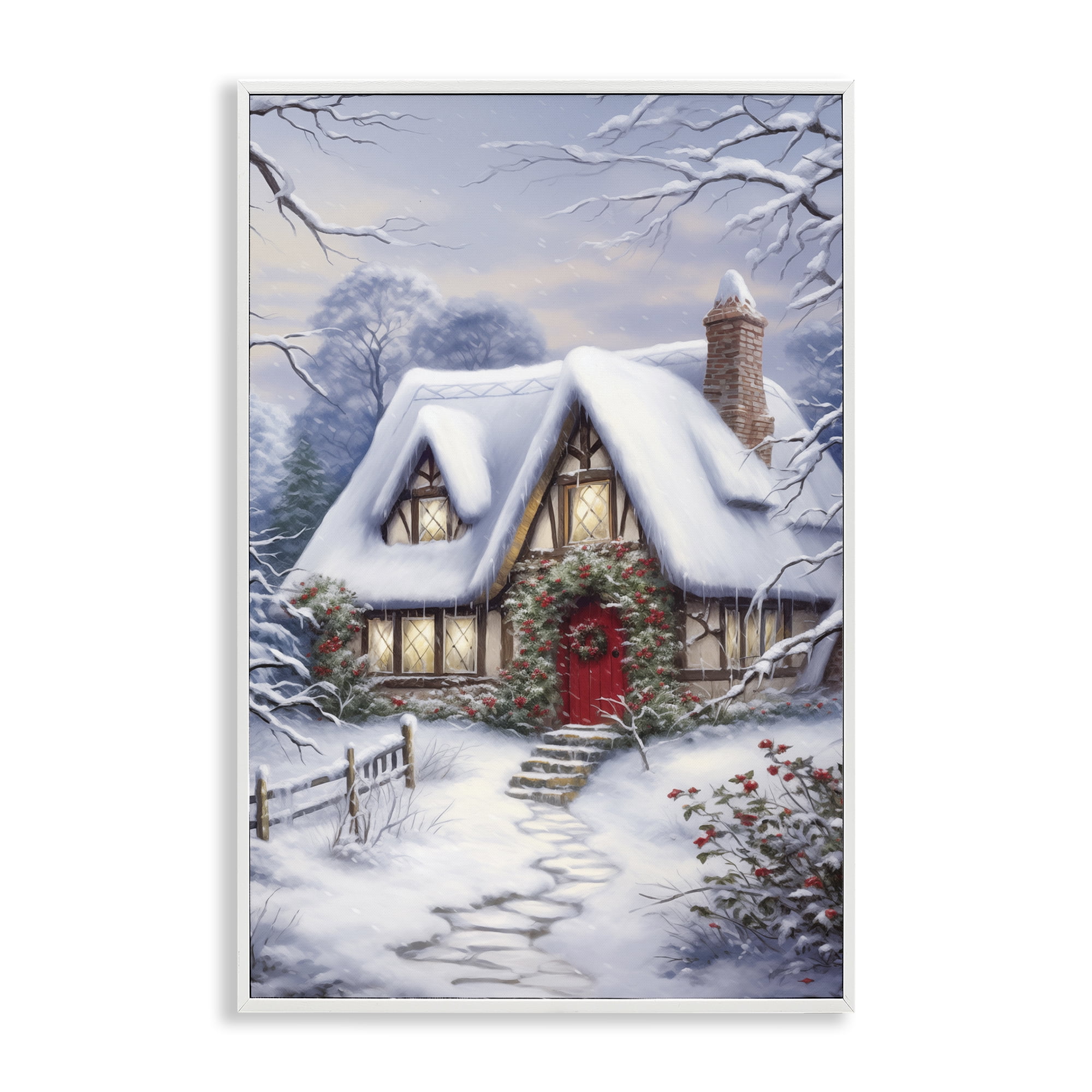 Stupell Industries Niveous Winter Cottage Holiday Painting White Framed Art Print Wall Art, 16 x 24