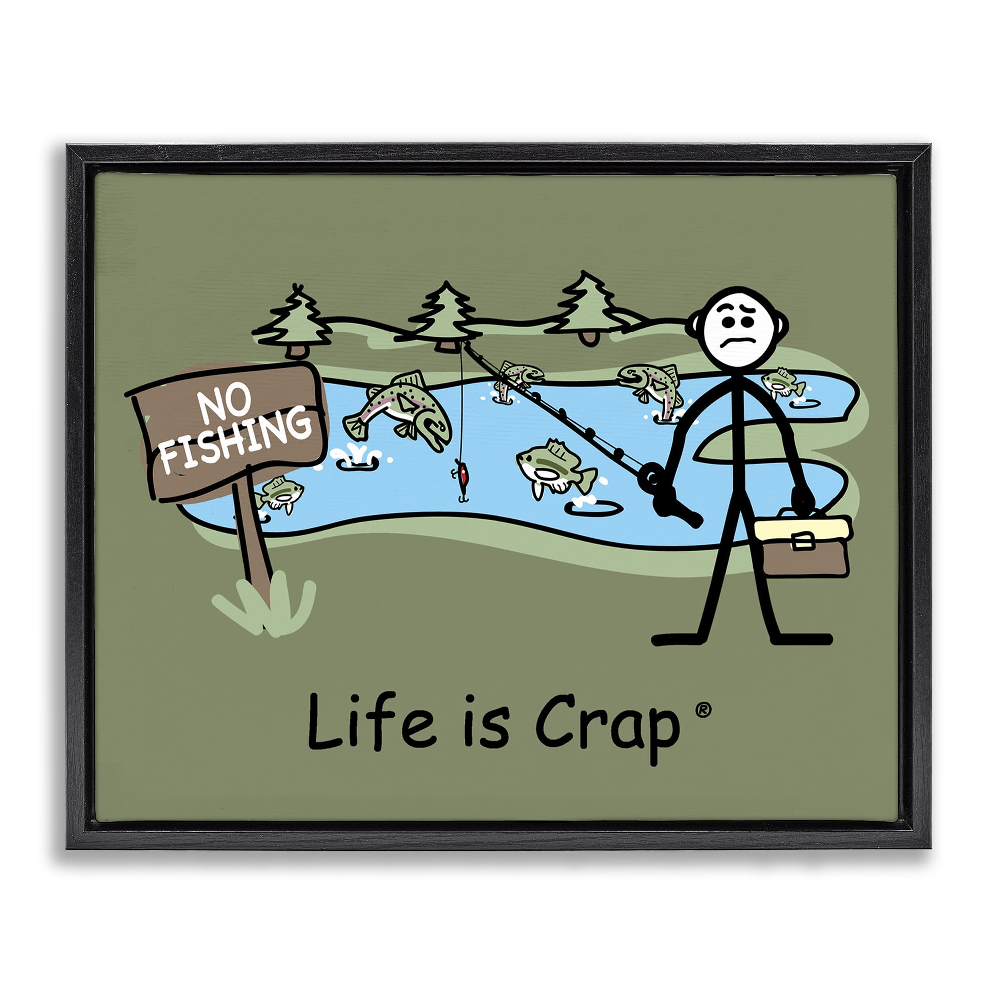 Stupell Industries No Fishing at Pond Novelty & Humor Painting Black Floater Framed Canvas Art Print Wall Art, 21 x 17