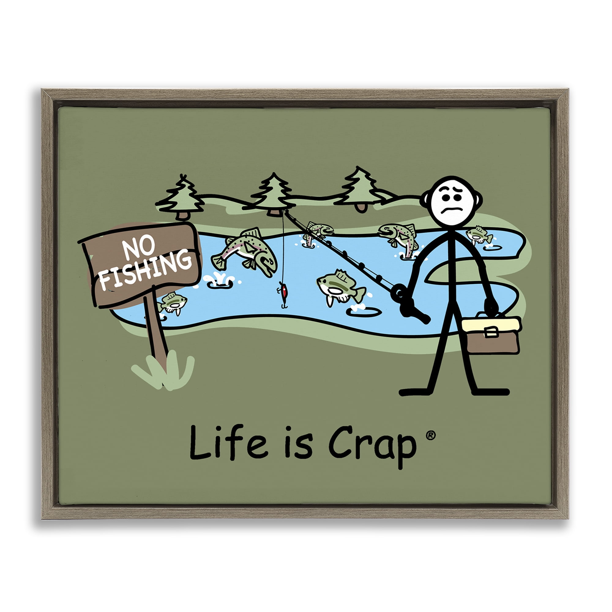Stupell Industries No Fishing at Pond Novelty & Humor Painting Brown Floater Framed Canvas Art Print Wall Art, 31 x 25