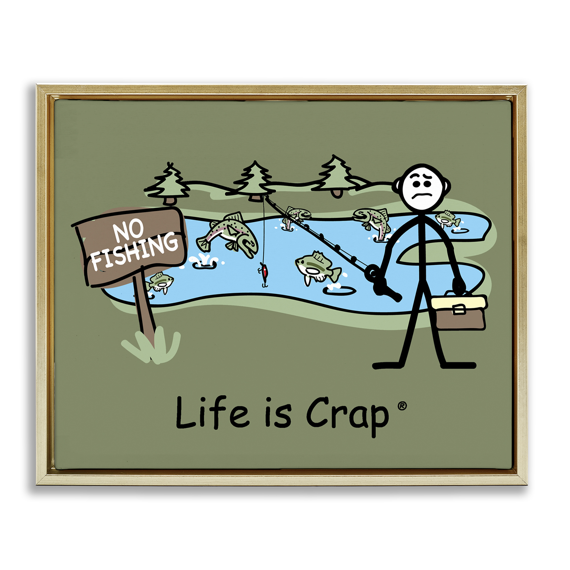 Stupell Industries No Fishing at Pond Novelty & Humor Painting Gold Floater Framed Canvas Art Print Wall Art, 31 x 25