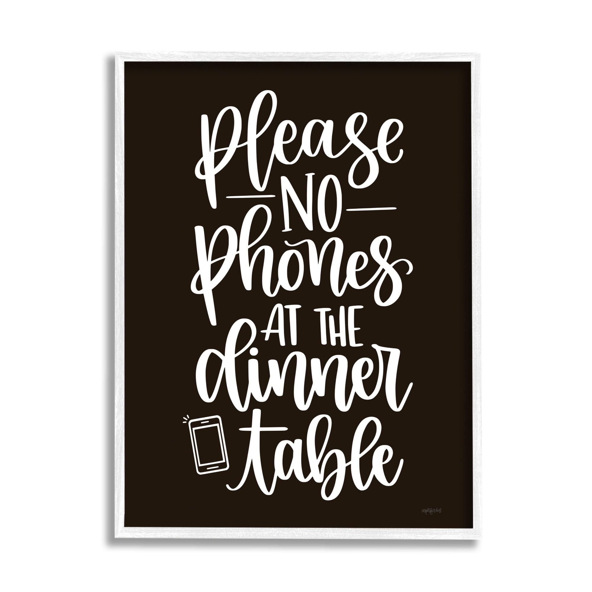 Stupell Industries No Phones Dinner Table Kitchen Rule Calligraphy Graphic Art White Framed Art Print Wall Art, Design by Imperfect Dust