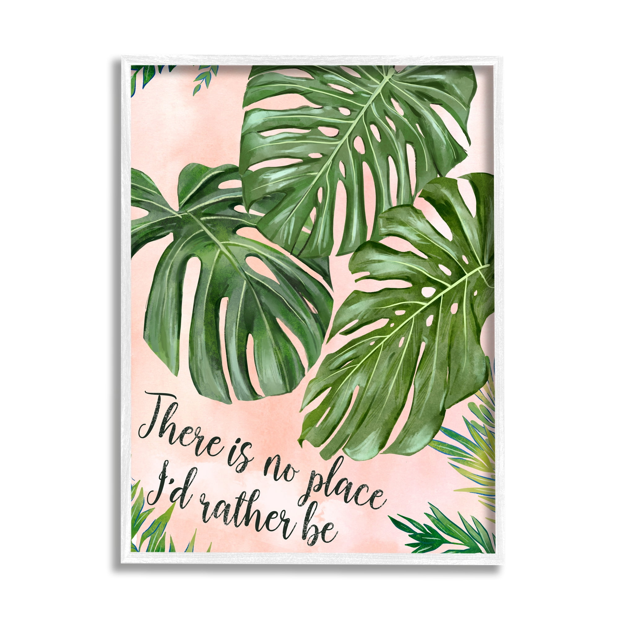 Stupell Industries No Place I'd Rather Be Calligraphy Monstera Botanical Leaves Framed Wall Art, 11 x 14, Design by Ziwei Li