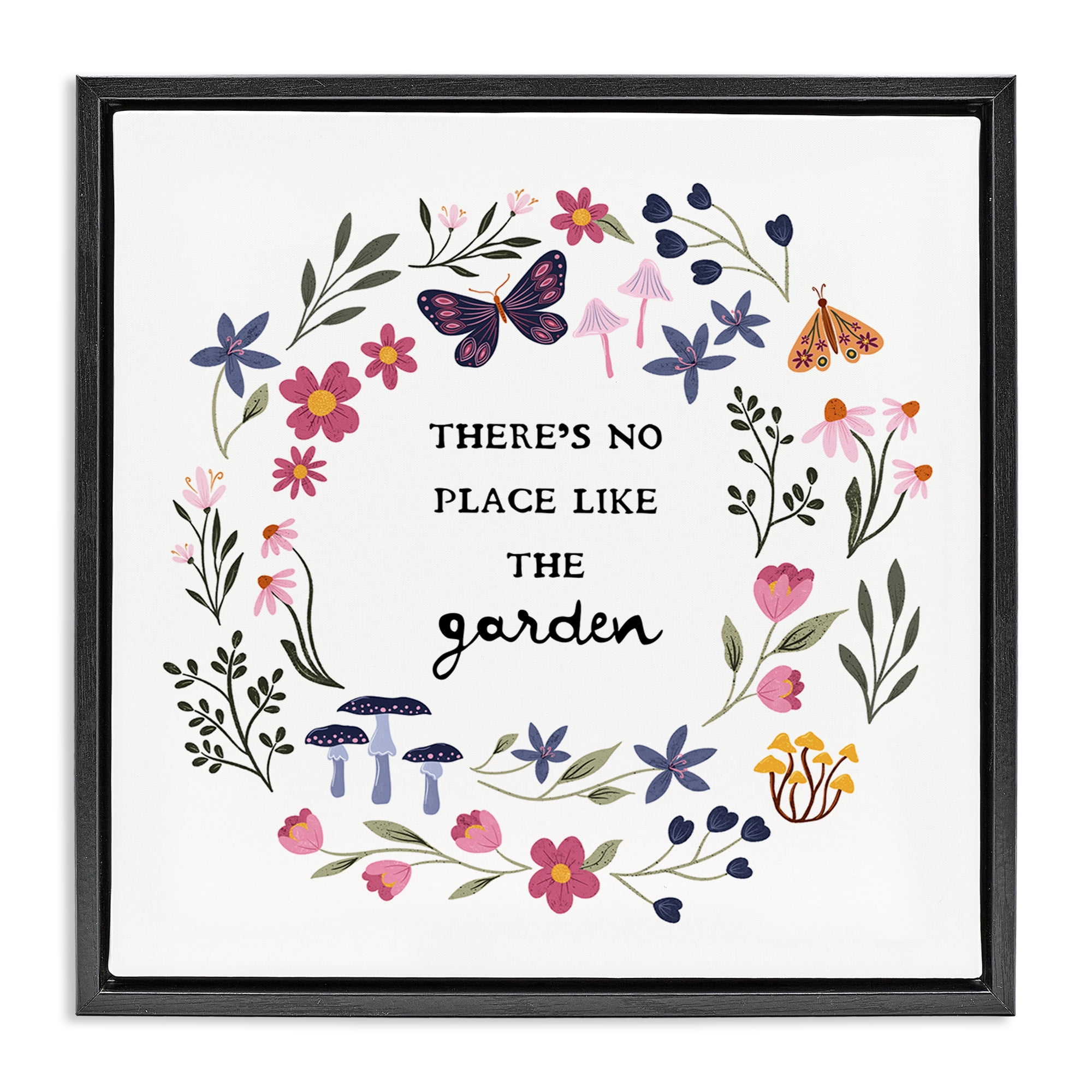 Stupell Industries No Place Like Garden Wreath Plants & Flowers Painting Black Floater Framed Canvas Art Print Wall Art, 25 x 25