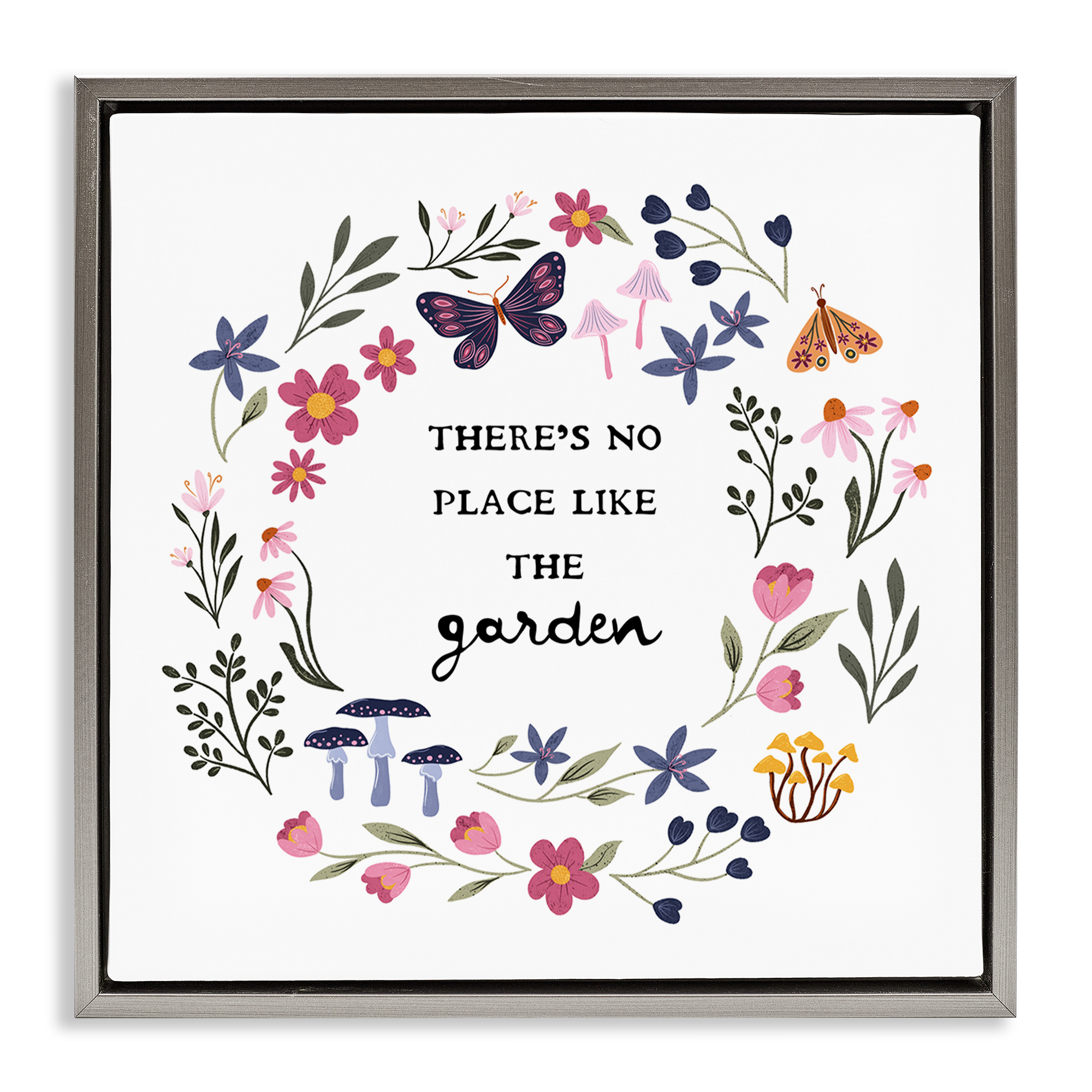 Stupell Industries No Place Like Garden Wreath Plants & Flowers Painting Gray Floater Framed Canvas Art Print Wall Art, 25 x 25