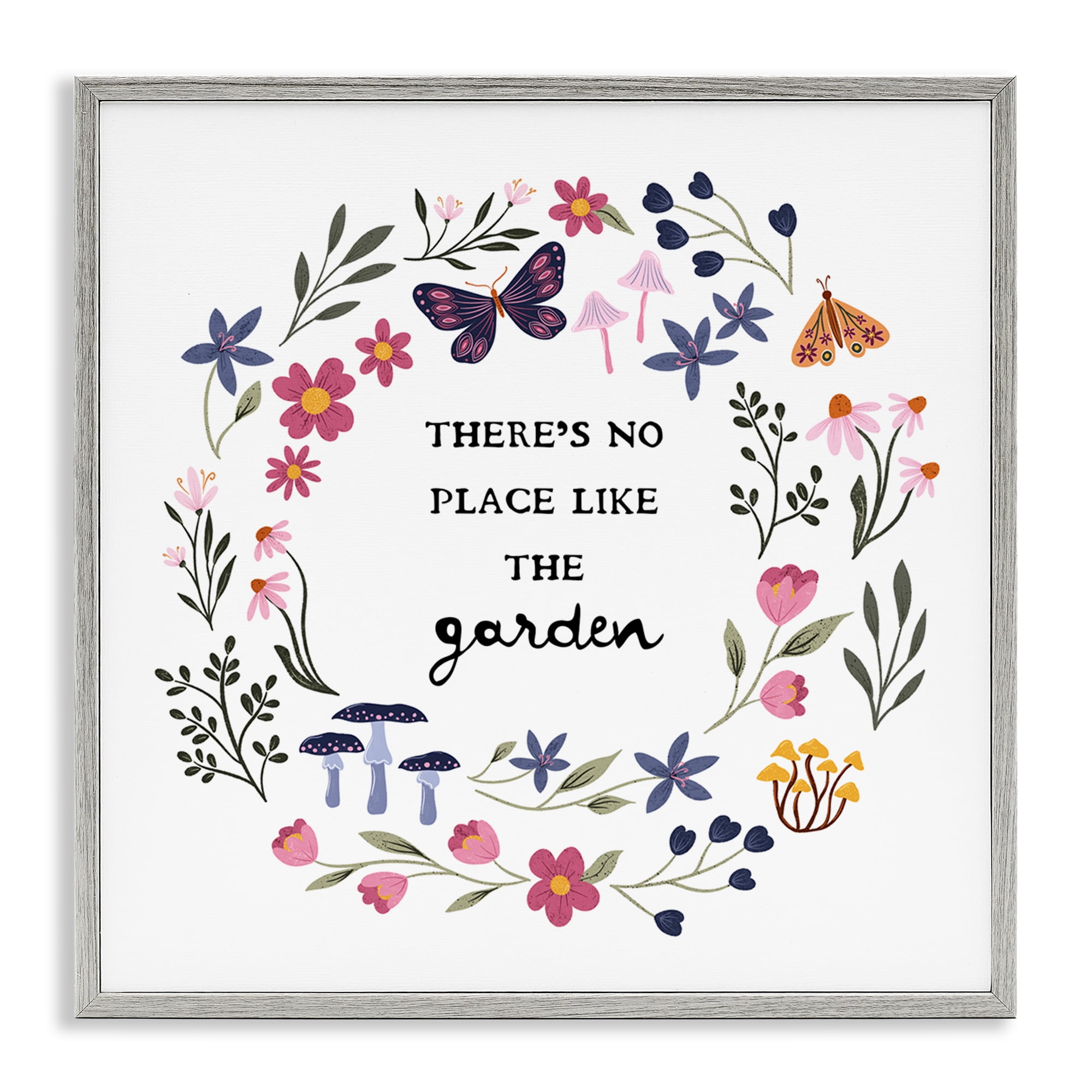 Stupell Industries No Place Like Garden Wreath Plants & Flowers Painting Gray Framed Art Print Wall Art, 24 x 24