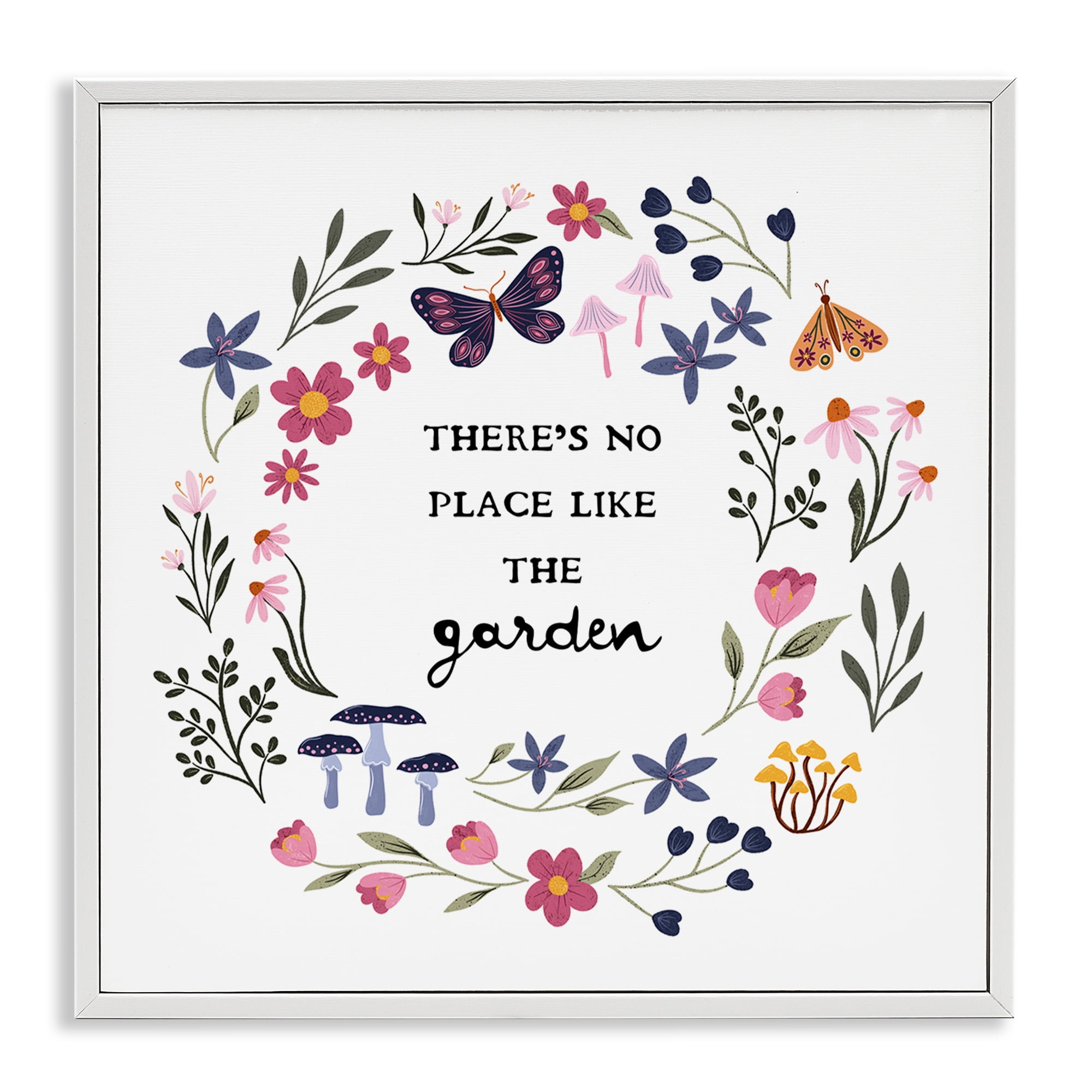 Stupell Industries No Place Like Garden Wreath Plants & Flowers Painting White Framed Art Print Wall Art, 24 x 24