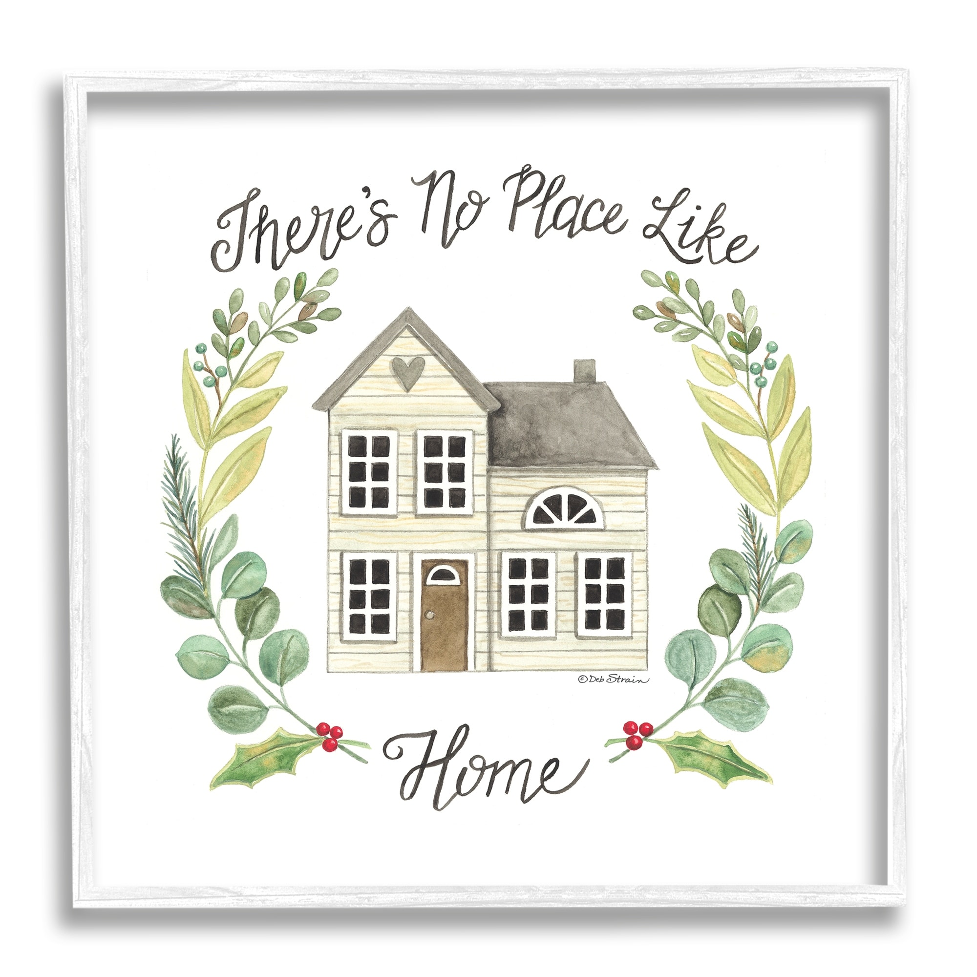 Stupell Industries No Place Like Home Casual House Leaf Laurel Graphic Art White Framed Art Print Wall Art, Design by Deb Strain