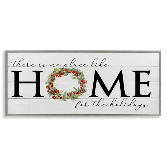 Stupell Industries Farmhouse No Place Like Home for Holiday Holly Wreath Gray Framed Giclee Art, 24 x 10, by Sally Swatland