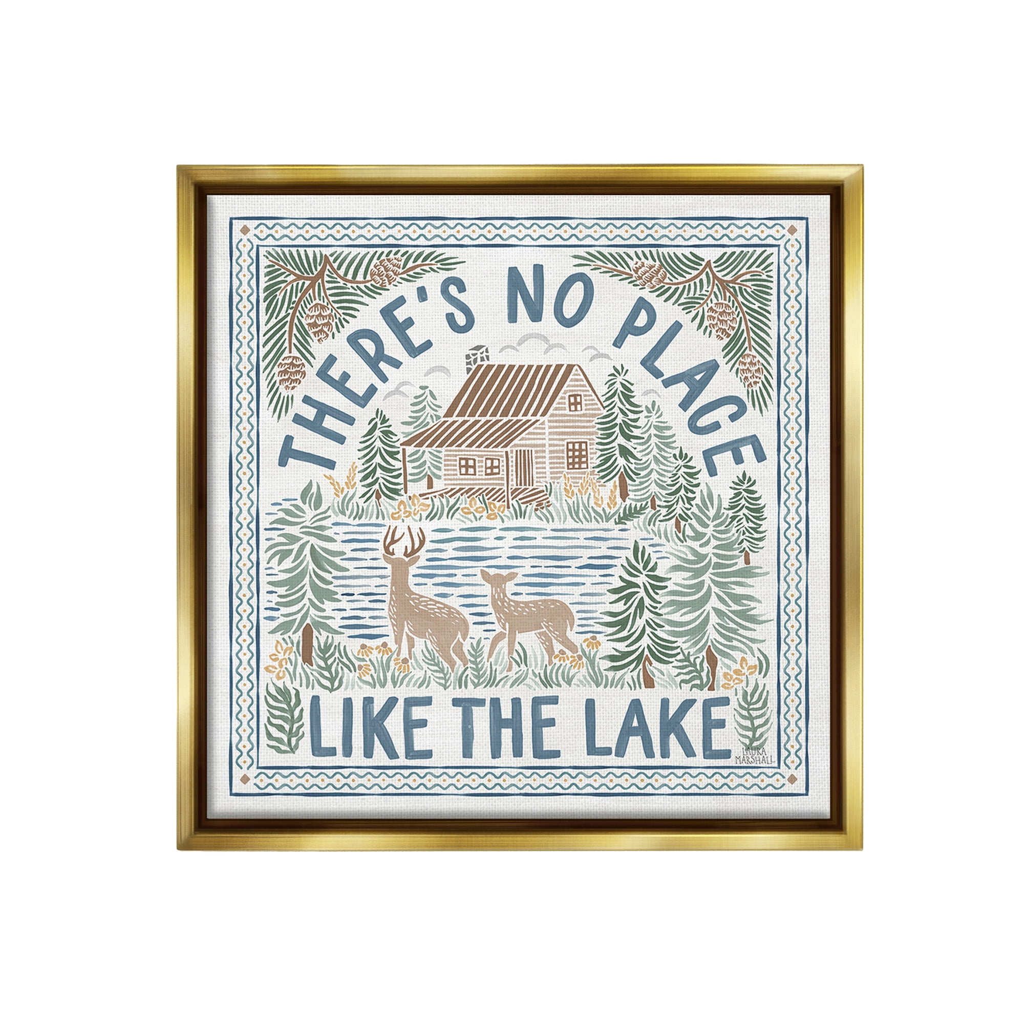 Stupell Industries No Place Like Lake Landscape Painting Gold Floater Framed Canvas Art Print Wall Art, 18 x 18