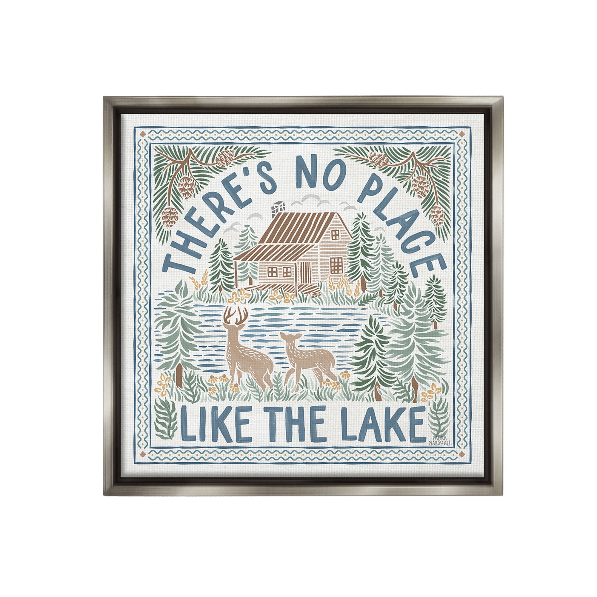 Stupell Industries No Place Like Lake Landscape Painting Gray Floater Framed Canvas Art Print Wall Art, 18 x 18