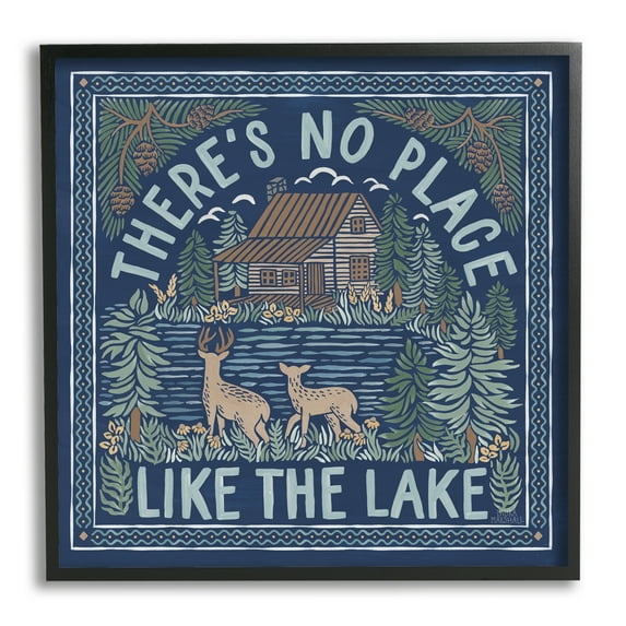 Stupell Industries No Place Like Lake Phrase Nature Painting Black Framed Art Print Wall Art, 12 x 12