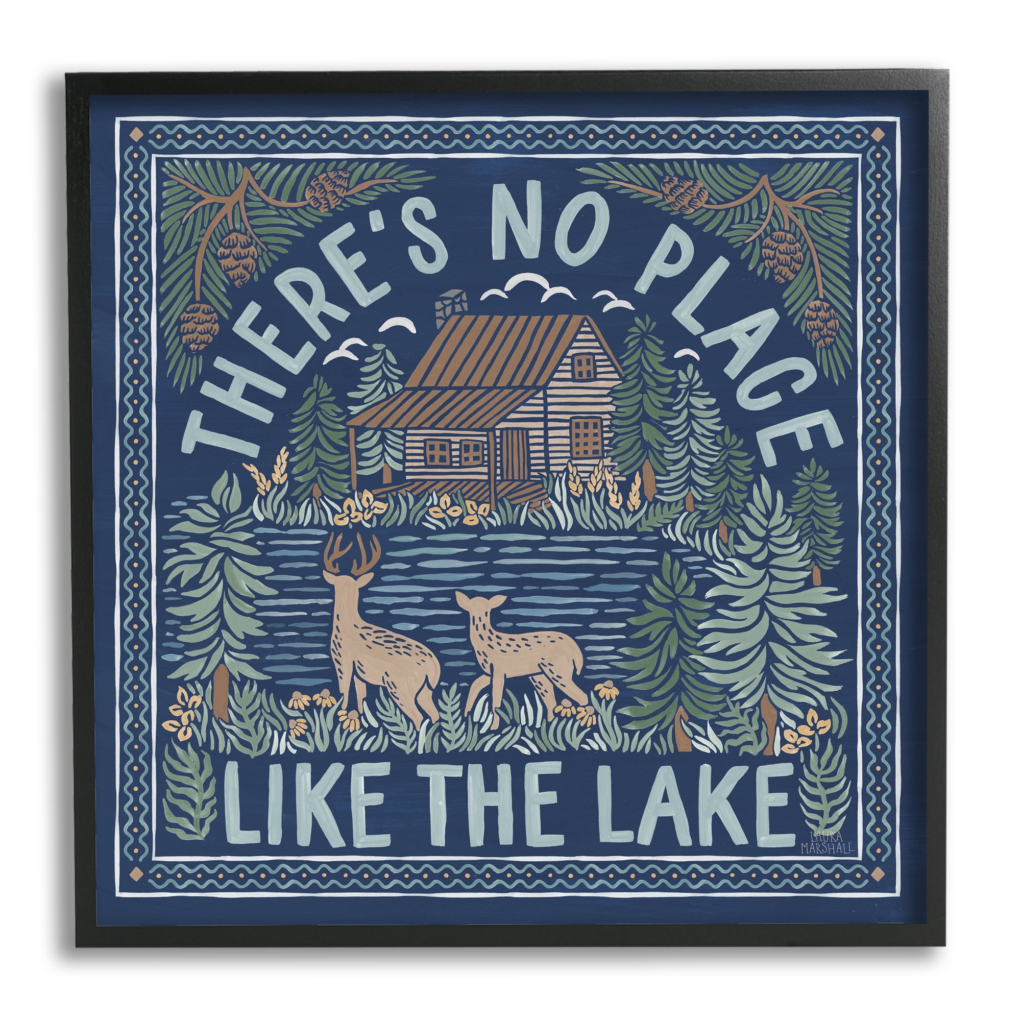 Stupell Industries No Place Like Lake Phrase Nature Painting Black Framed Art Print Wall Art, 24 x 24