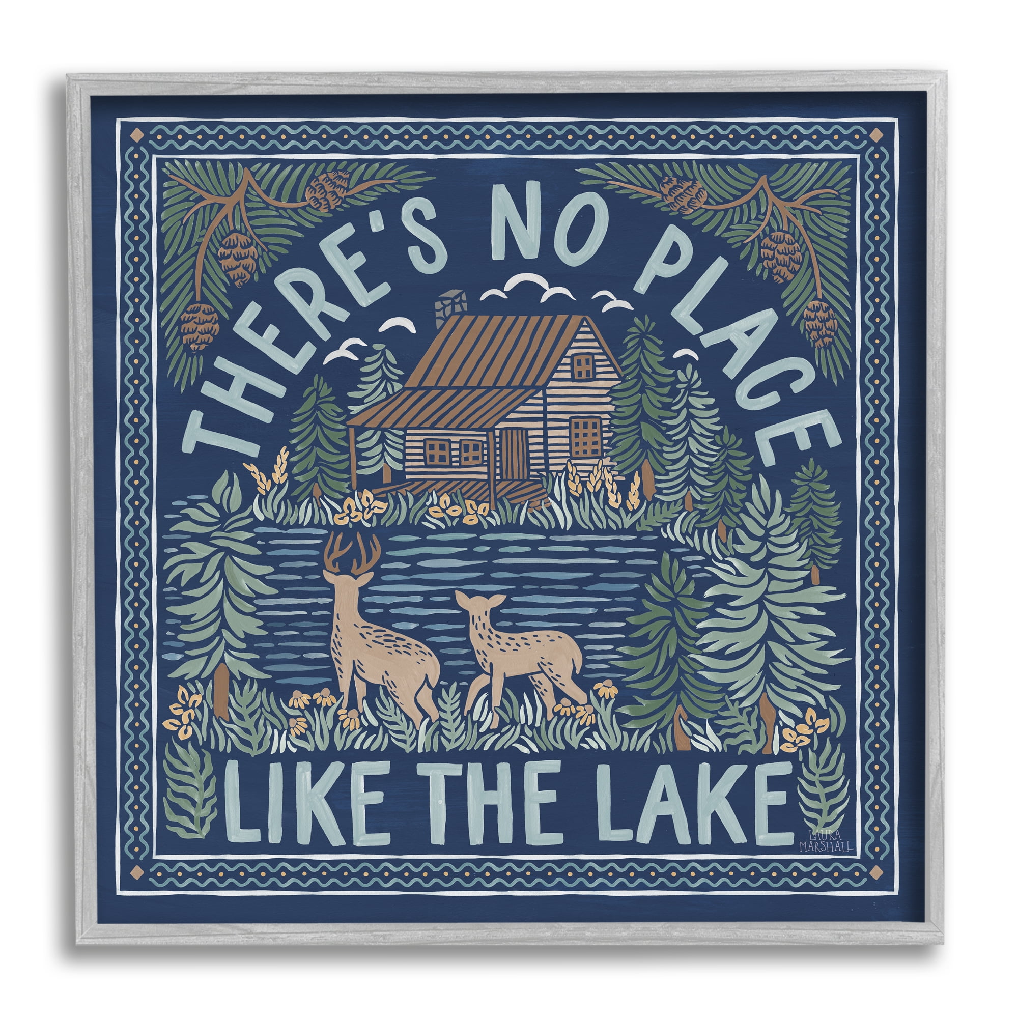 Stupell Industries No Place Like Lake Phrase Nature Painting Gray Framed Art Print Wall Art, 12 x 12