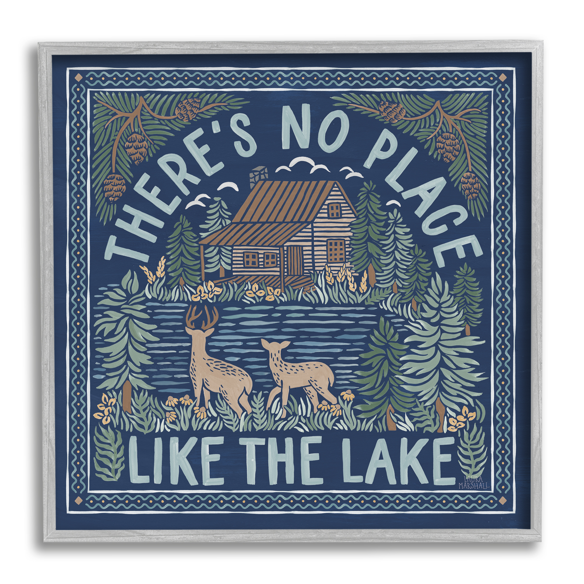 Stupell Industries No Place Like Lake Phrase Nature Painting Gray Framed Art Print Wall Art, 24 x 24