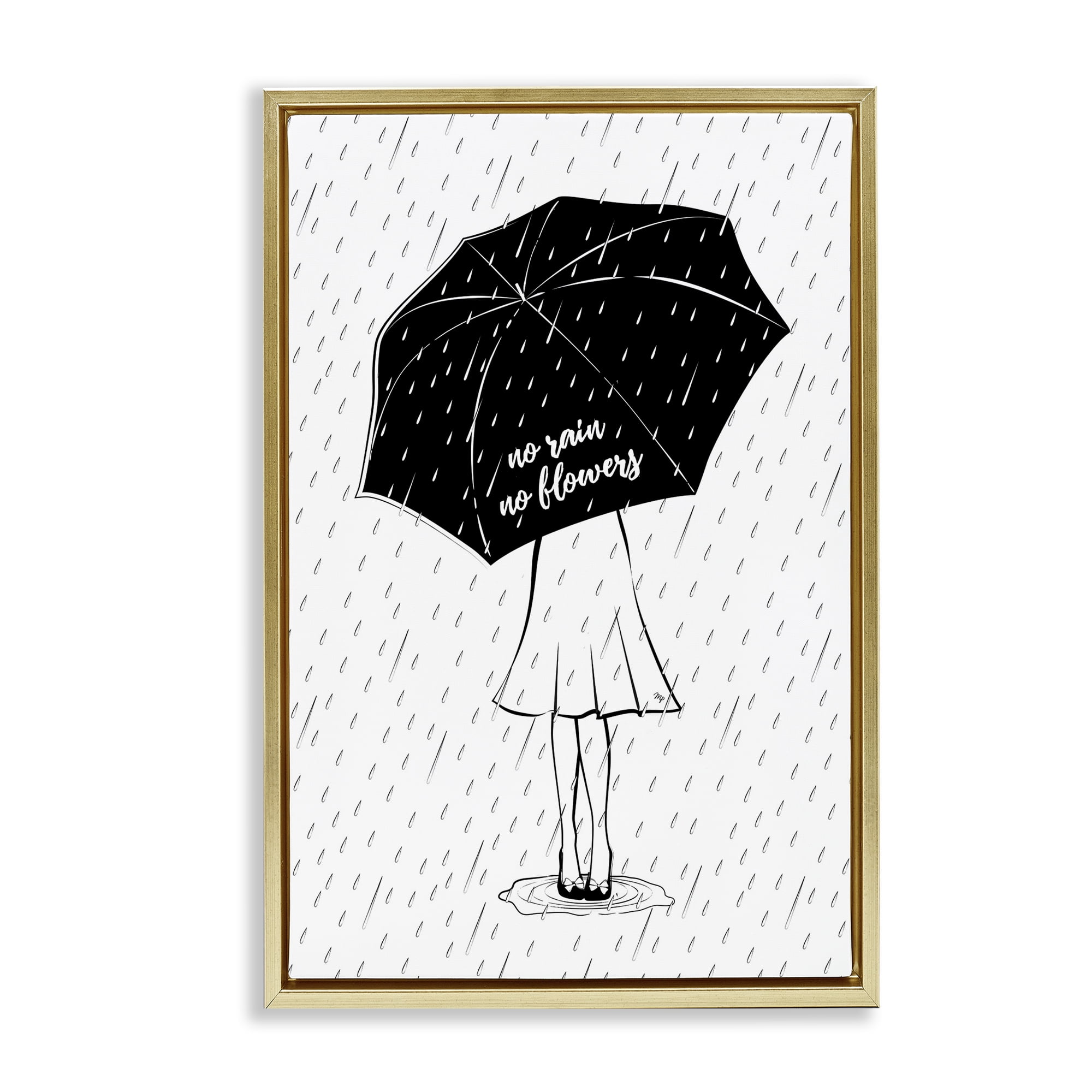 Stupell Industries No Rain No Flowers Novelty Painting Gold Floater Framed Art Print Wall Art, 21 x 31