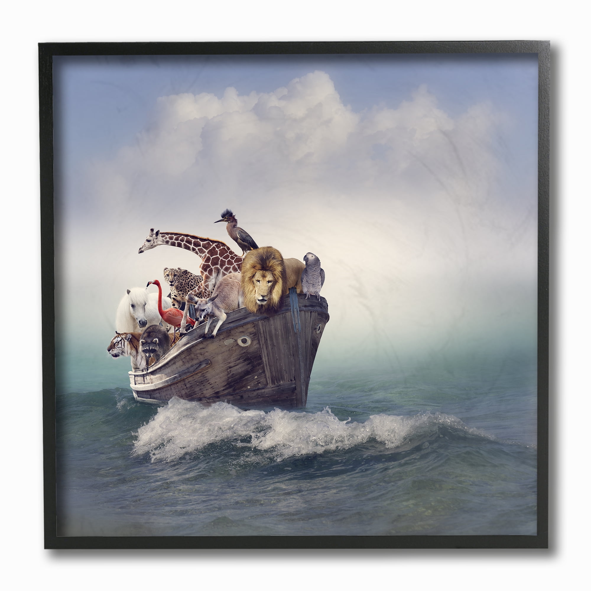 Stupell Industries Noah's Arc Boat and Animals Animals & Insects Painting Black Framed Art Print Wall Art, 12 x 12
