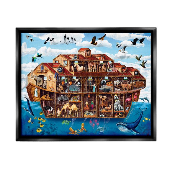 Stupell Industries Noah's Ark Animals Animals & Insects Painting Black Floater Framed Canvas Art Print Wall Art, 21 x 17