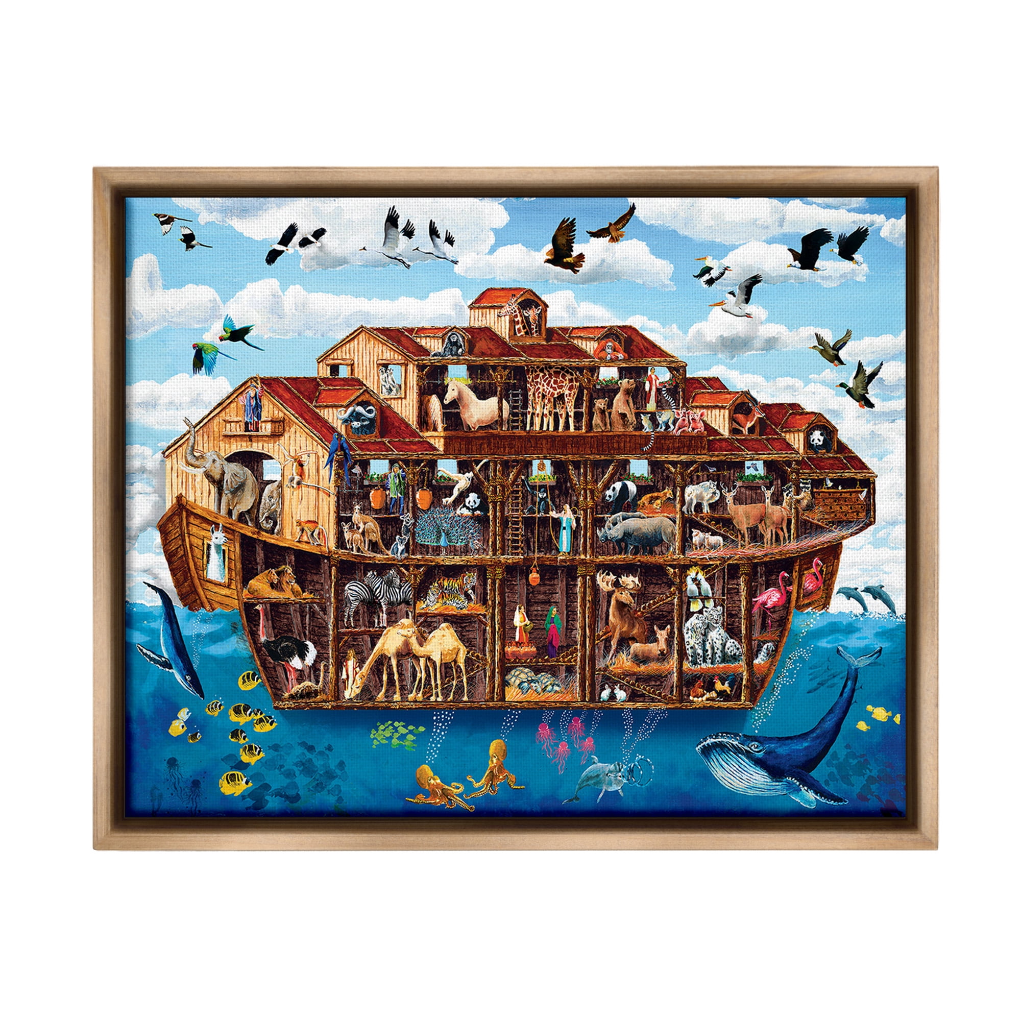 Stupell Industries Noah's Ark Animals Animals & Insects Painting Brown Floater Framed Canvas Art Print Wall Art, 31 x 25