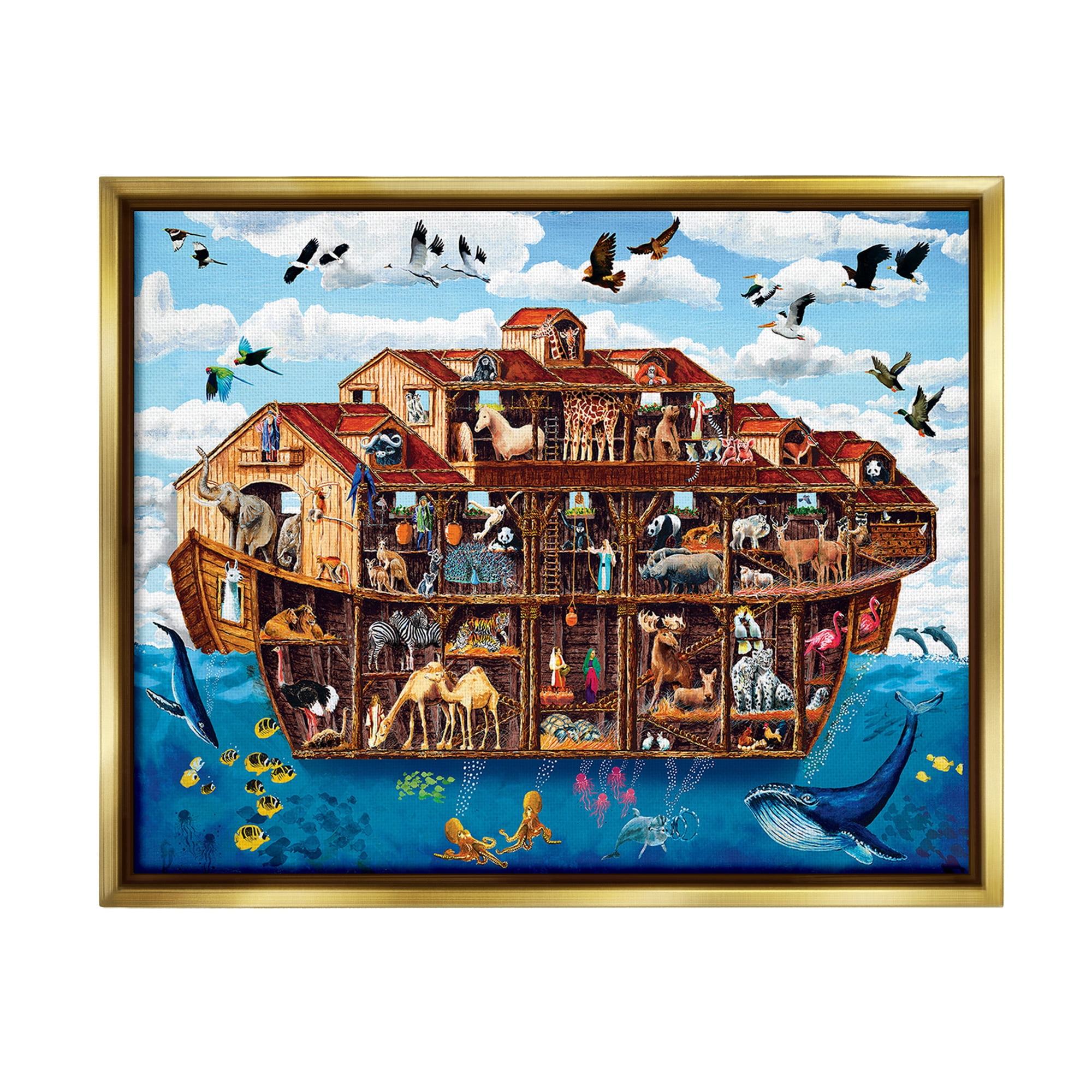 Stupell Industries Noah's Ark Animals Animals & Insects Painting Gold Floater Framed Canvas Art Print Wall Art, 21 x 17