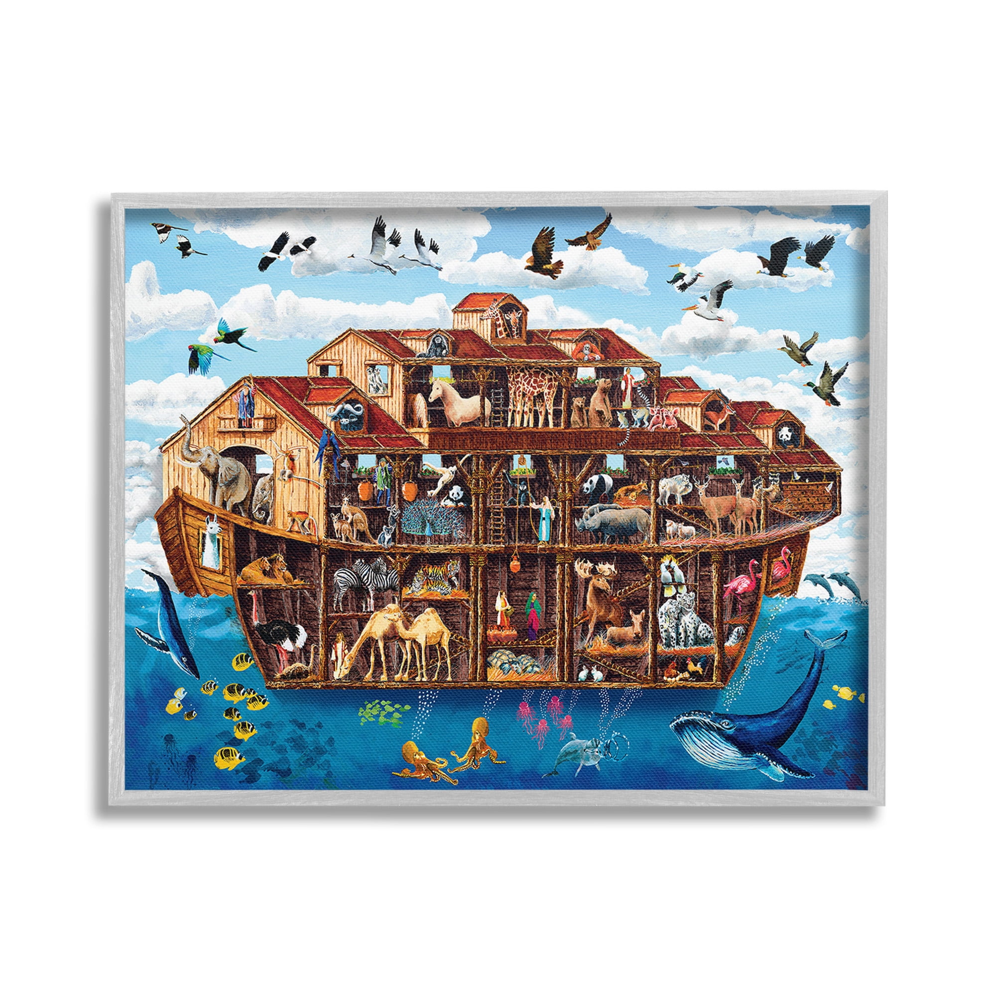 Stupell Industries Noah's Ark Animals Animals & Insects Painting Gray Framed Art Print Wall Art, 30 x 24