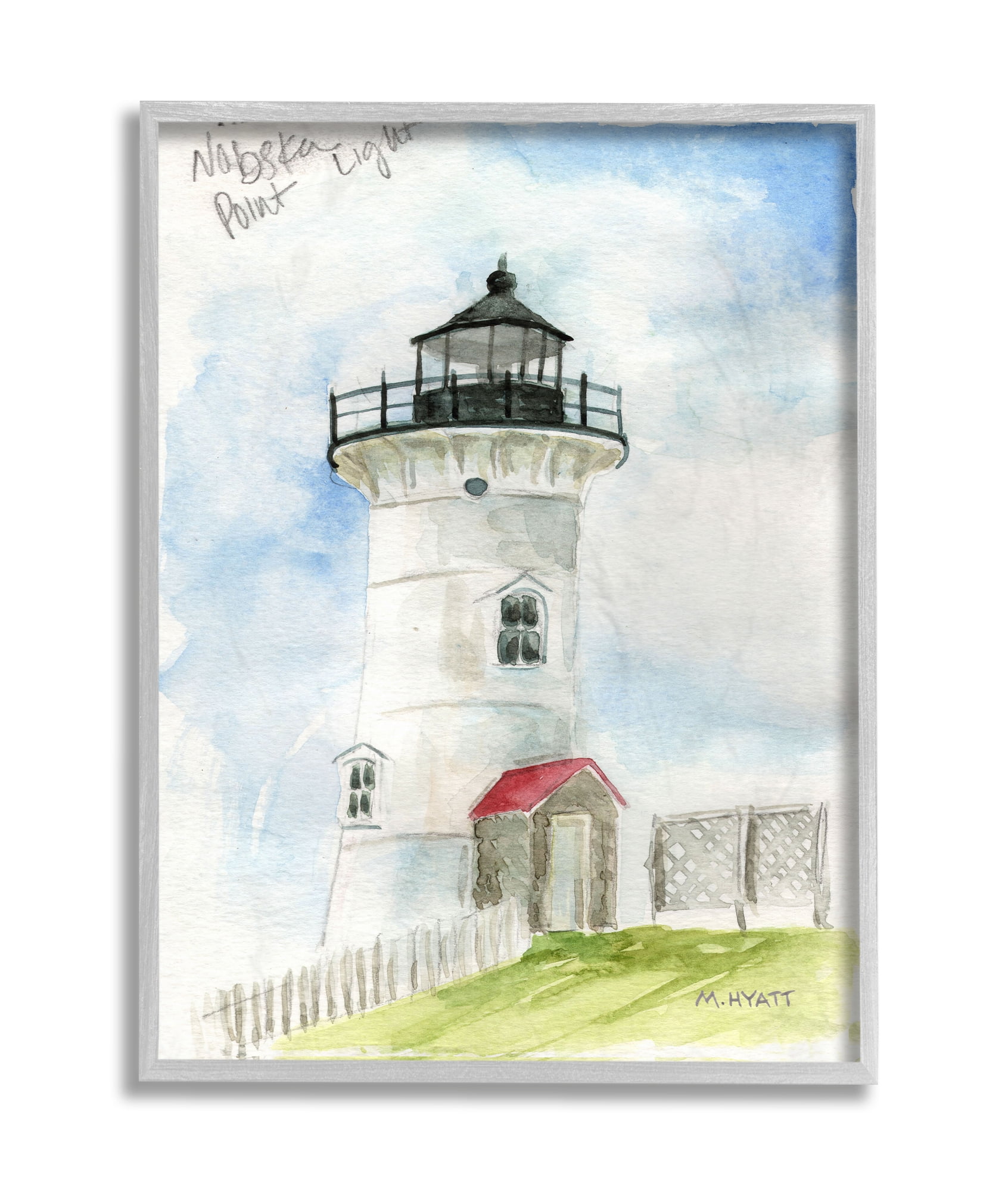 Stupell Industries Nobska Point Lighthouse Cliffside Coastal Architecture Grey Framed, 16 x 20, Design by Melissa Hyatt LLC