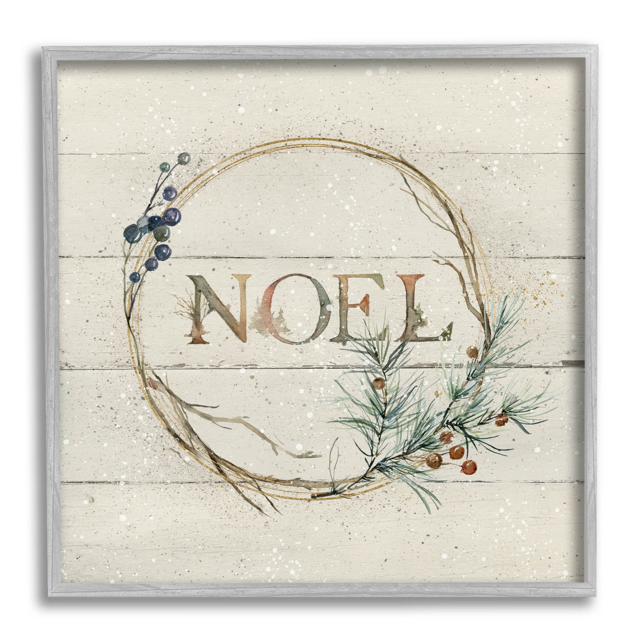 Stupell Industries Noel Holiday Botanical Wreath Graphic Art Gray Framed Art Print Wall Art, Design by Carol Robinson