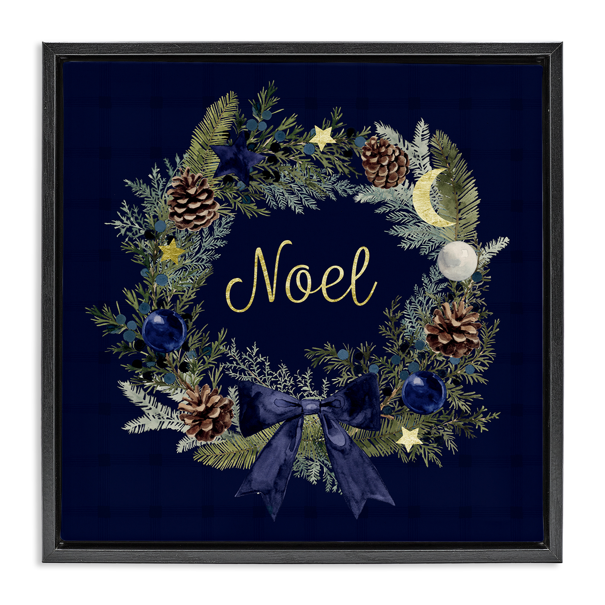Stupell Industries Noel Holiday Wreath Holiday Painting Black Floater Framed Canvas Art Prints Wall Art, 25 x 25