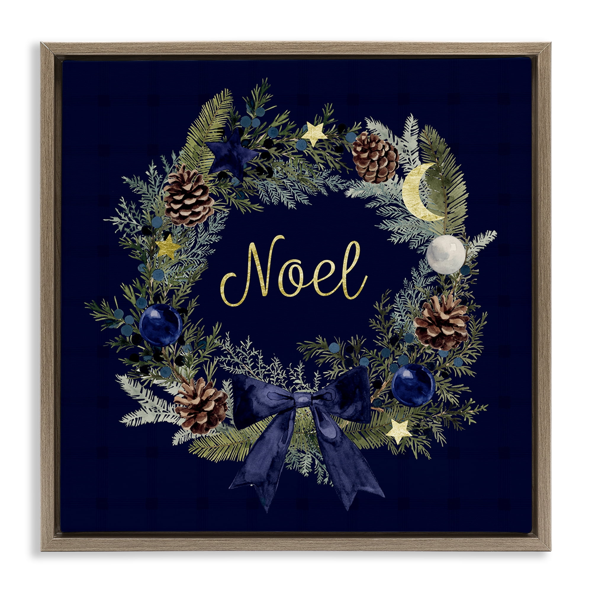 Stupell Industries Noel Holiday Wreath Holiday Painting Brown Floater Framed Canvas Art Prints Wall Art, 25 x 25