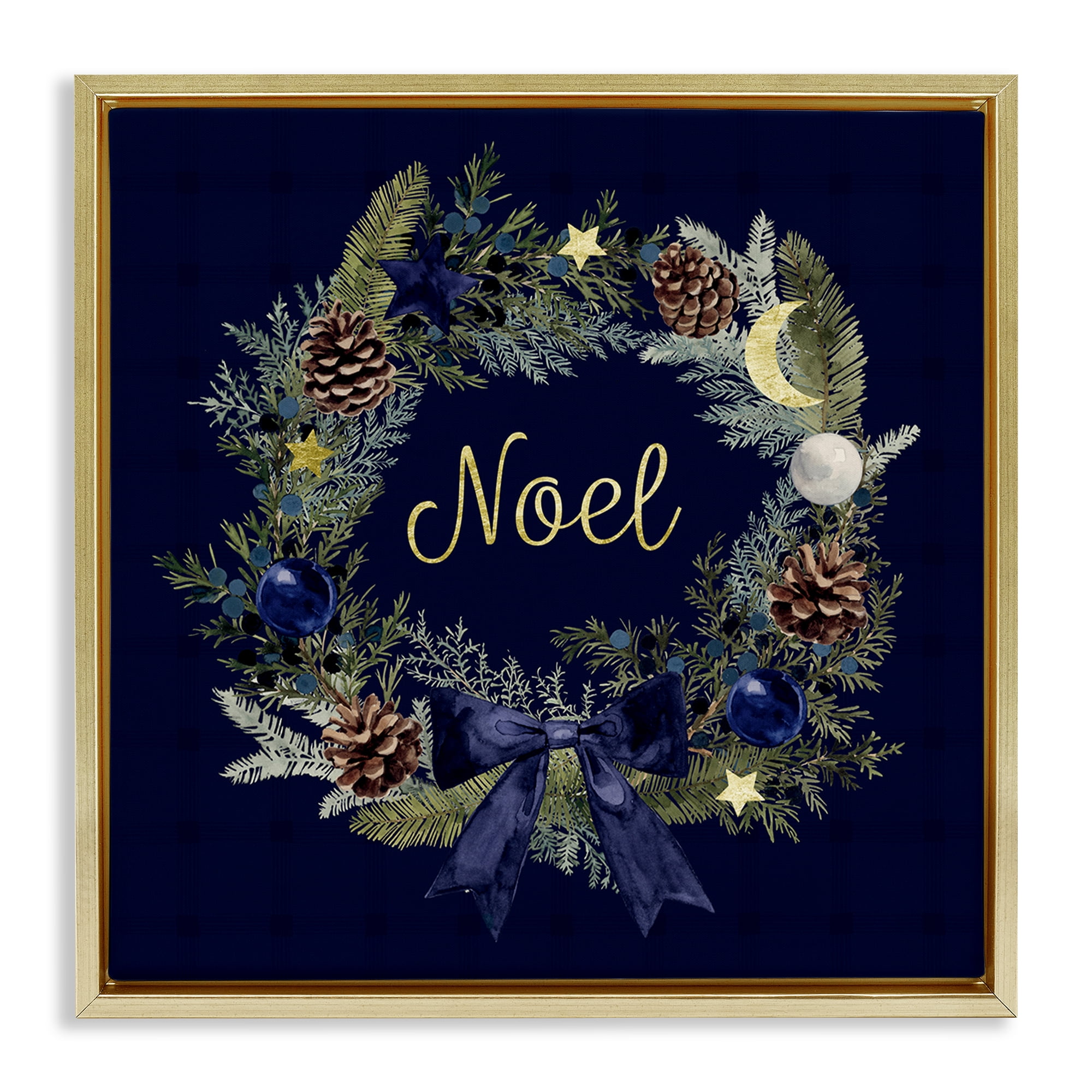 Stupell Industries Noel Holiday Wreath Holiday Painting Gold Floater Framed Canvas Art Prints Wall Art, 25 x 25