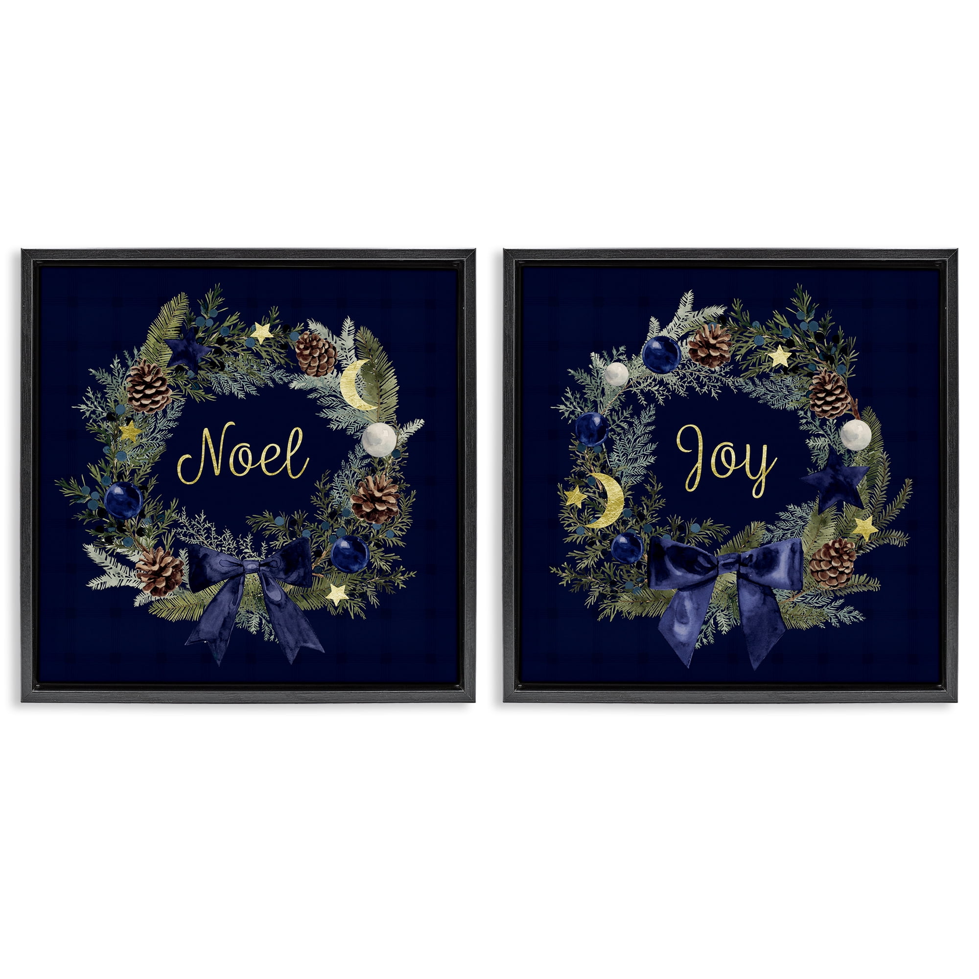 Stupell Industries Noel Joy Balsam Wreath Pinecones Holiday Painting Black Floater Framed Canvas Art Prints Wall Art, 25 x 25, Set of 2