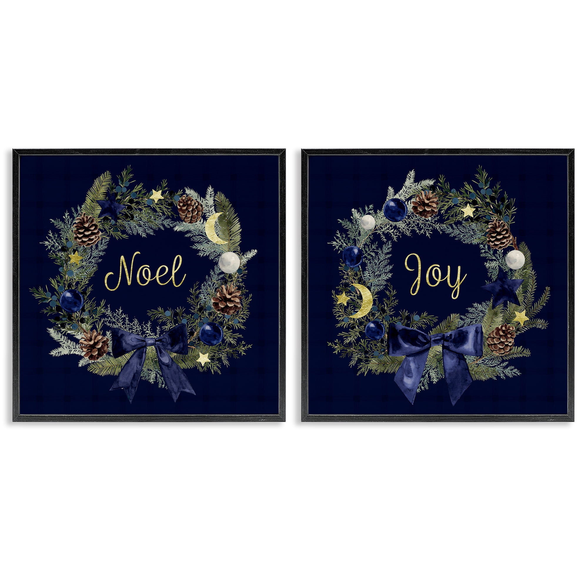 Stupell Industries Noel Joy Balsam Wreath Pinecones Holiday Painting Black Framed Art Prints Wall Art, 12 x 12, Set of 2