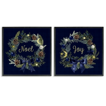 Stupell Industries Noel Joy Balsam Wreath Pinecones Holiday Painting Black Framed Art Prints Wall Art, 12 x 12, Set of 2