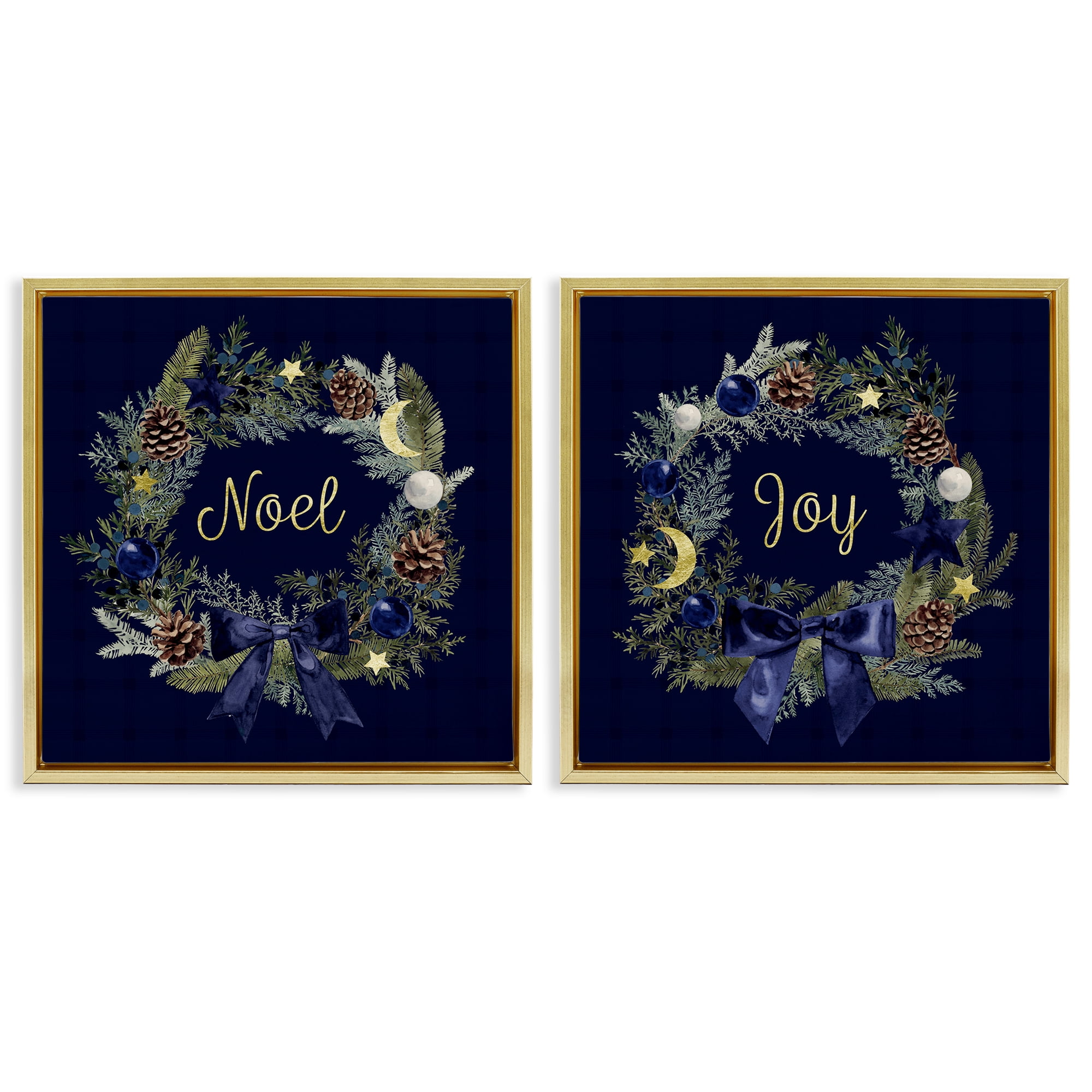 Stupell Industries Noel Joy Balsam Wreath Pinecones Holiday Painting Gold Floater Framed Canvas Art Prints Wall Art, 18 x 18, Set of 2