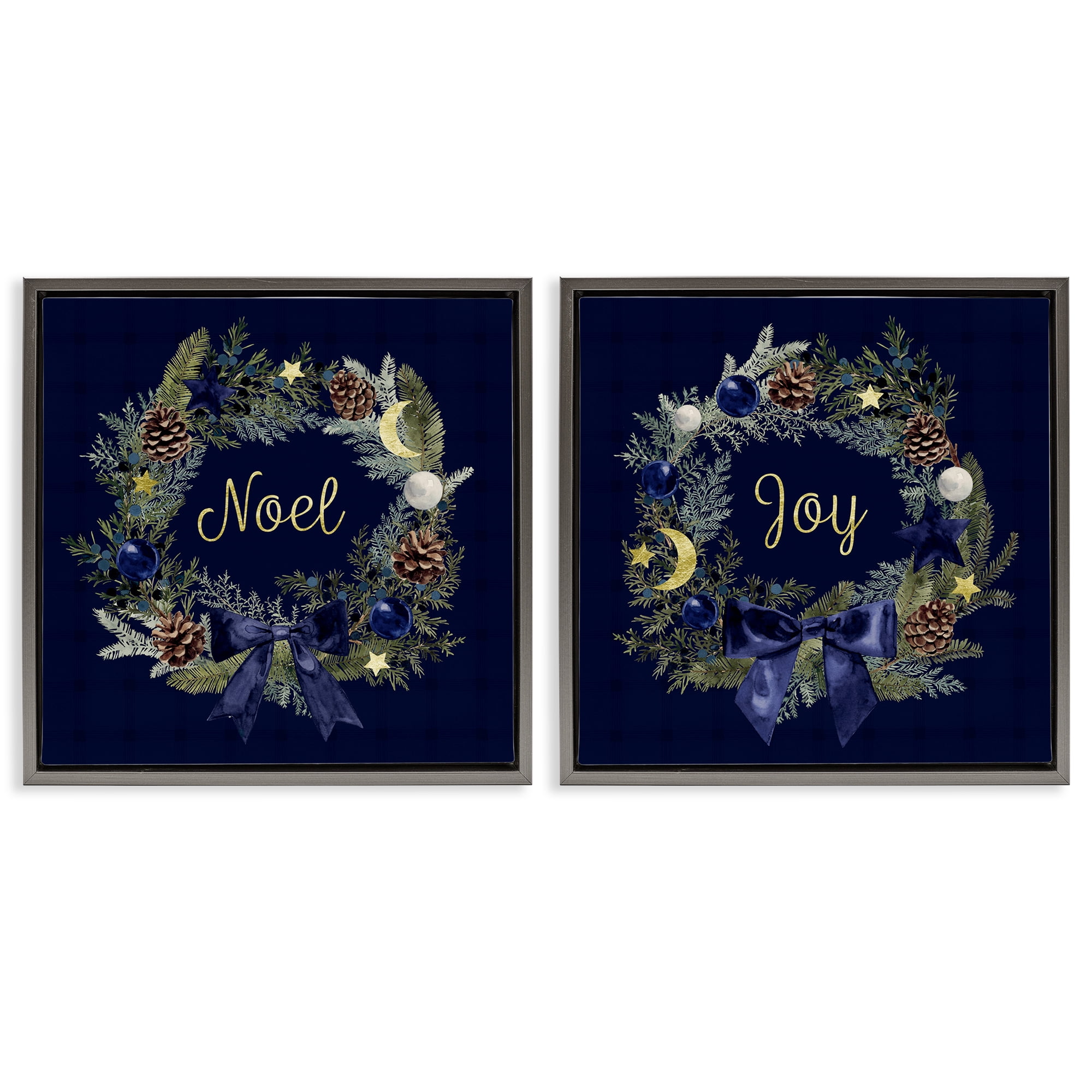 Stupell Industries Noel Joy Balsam Wreath Pinecones Holiday Painting Gray Floater Framed Canvas Art Prints Wall Art, 18 x 18, Set of 2