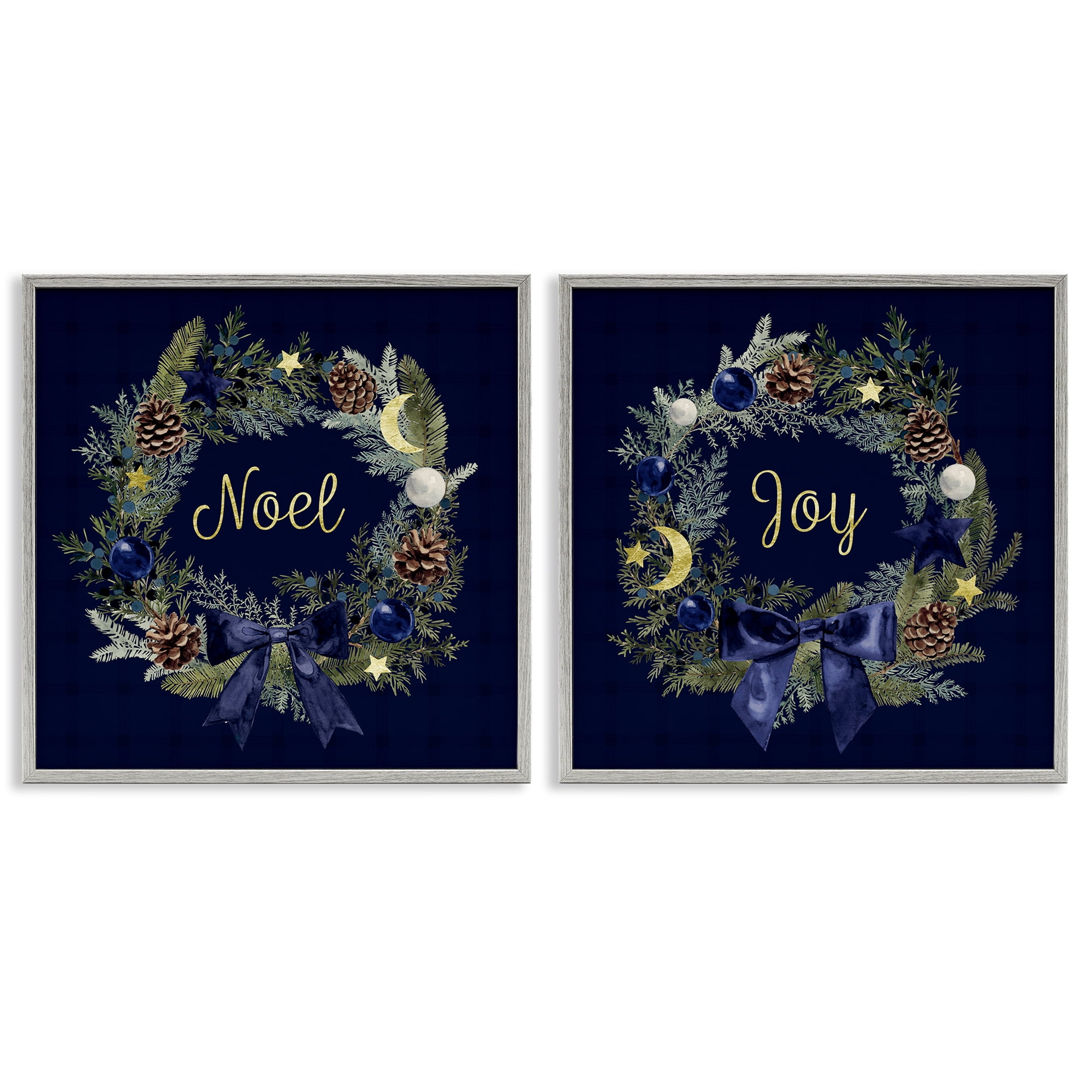 Stupell Industries Noel Joy Balsam Wreath Pinecones Holiday Painting Gray Framed Art Prints Wall Art, 17 x 17, Set of 2