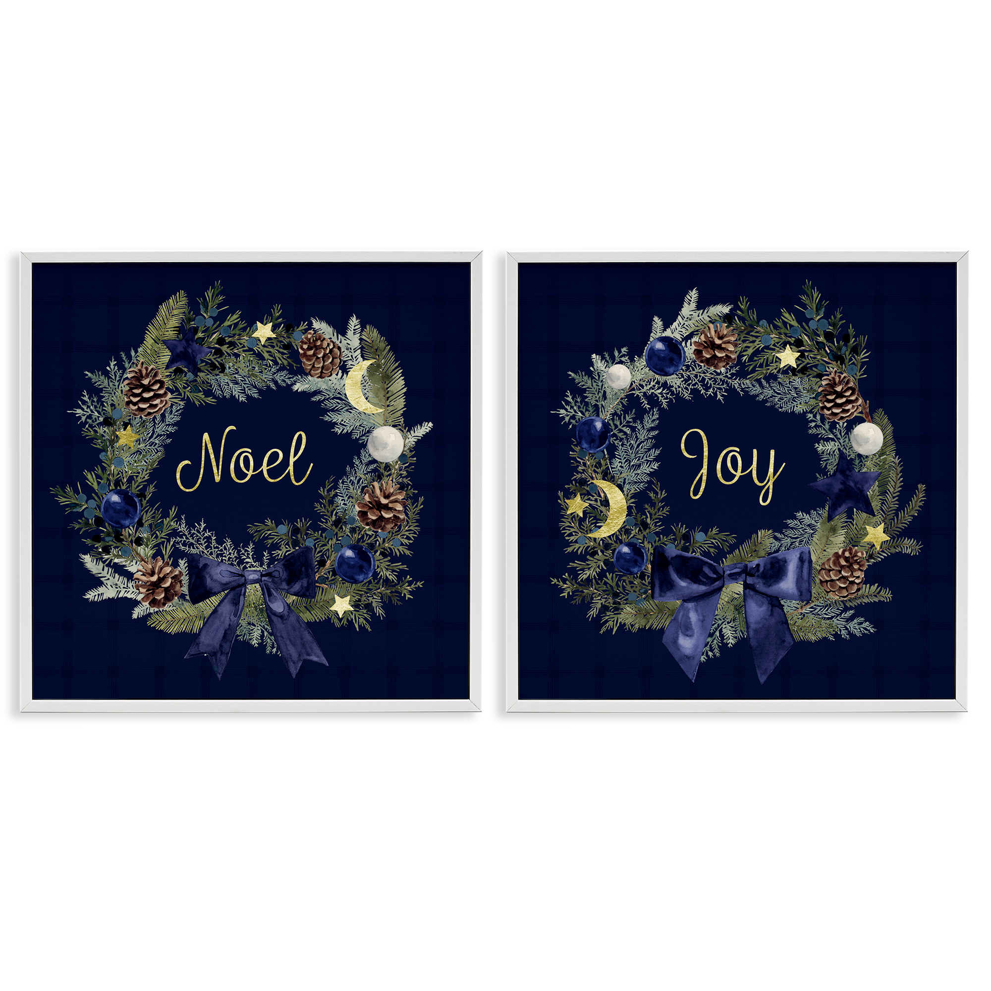 Stupell Industries Noel Joy Balsam Wreath Pinecones Holiday Painting White Framed Art Prints Wall Art, 17 x 17, Set of 2