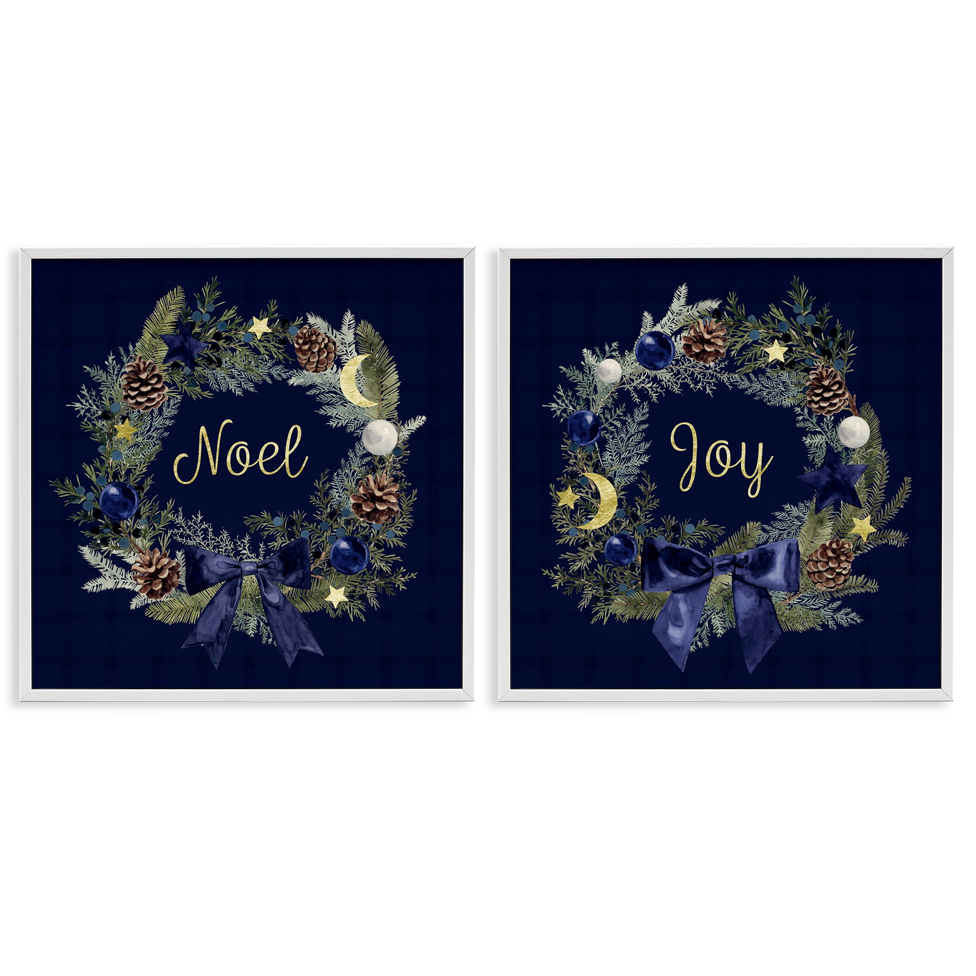 Stupell Industries Noel Joy Balsam Wreath Pinecones Holiday Painting White Framed Art Prints Wall Art, 24 x 24, Set of 2